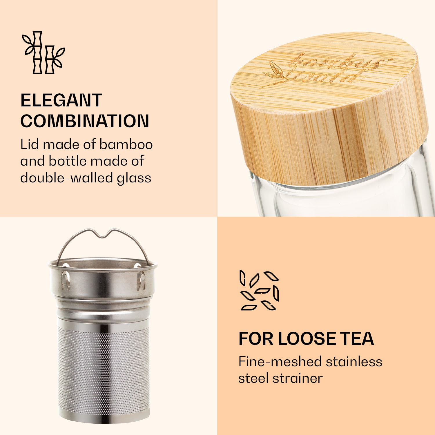 Klarstein Fľaša na čaj, s uzáverom a sitom, 500 ml, dvojité sklo, bambusový kryt – Obrázok 3