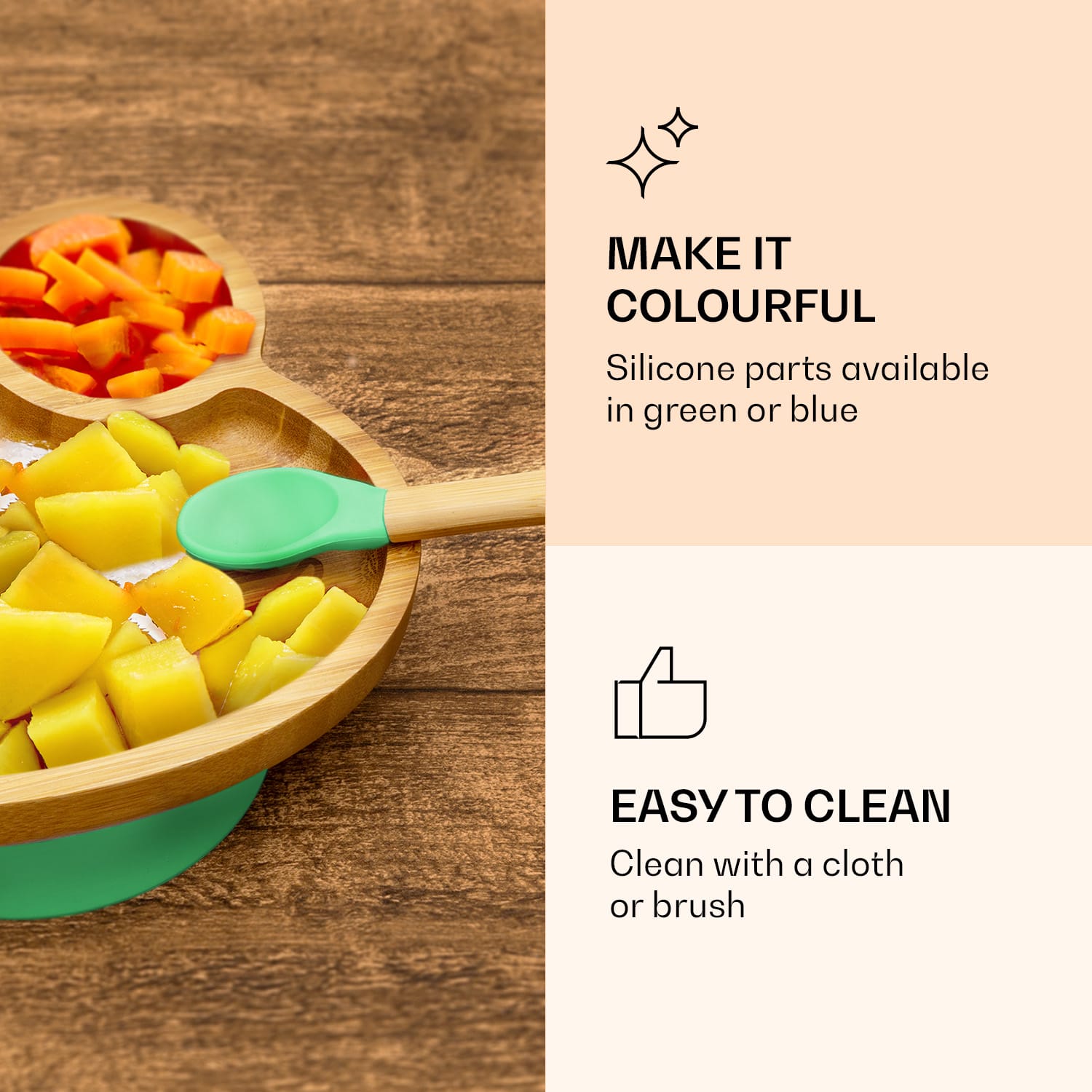 Klarstein Detská jedálenská súprava, bambusový tanier a lyžička, 250 ml, vrátane prísavky, 18 × 18 cm – Obrázok 5