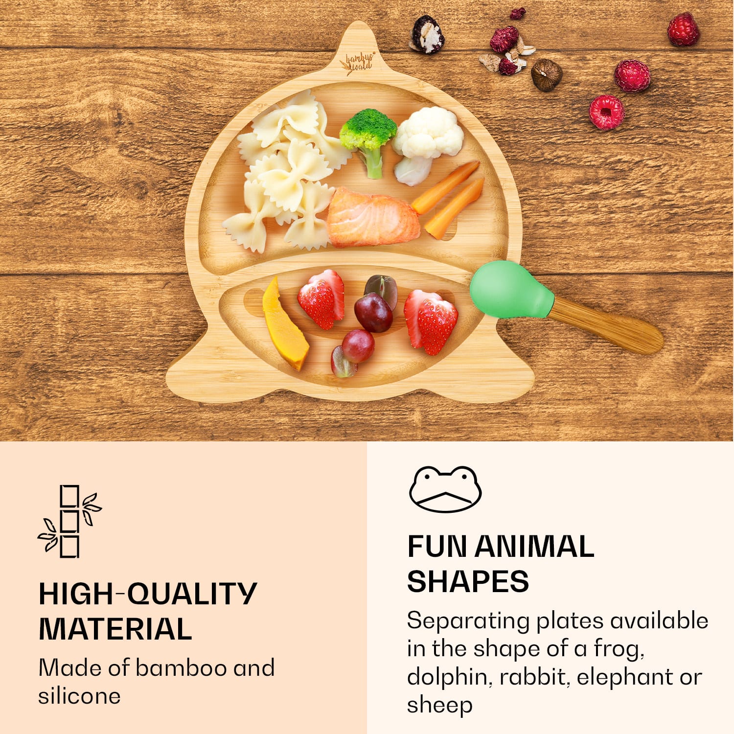 Klarstein Detská jedálenská súprava, bambusový tanier a lyžička, 250 ml, vrátane prísavky, 18 × 18 cm – Obrázok 4