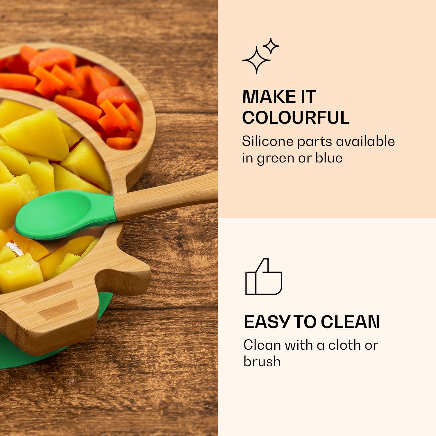 Klarstein Detská jedálenská súprava, bambusový tanier a lyžička, 250 ml, vrátane prísavky, 18 × 18 cm – Obrázok 5