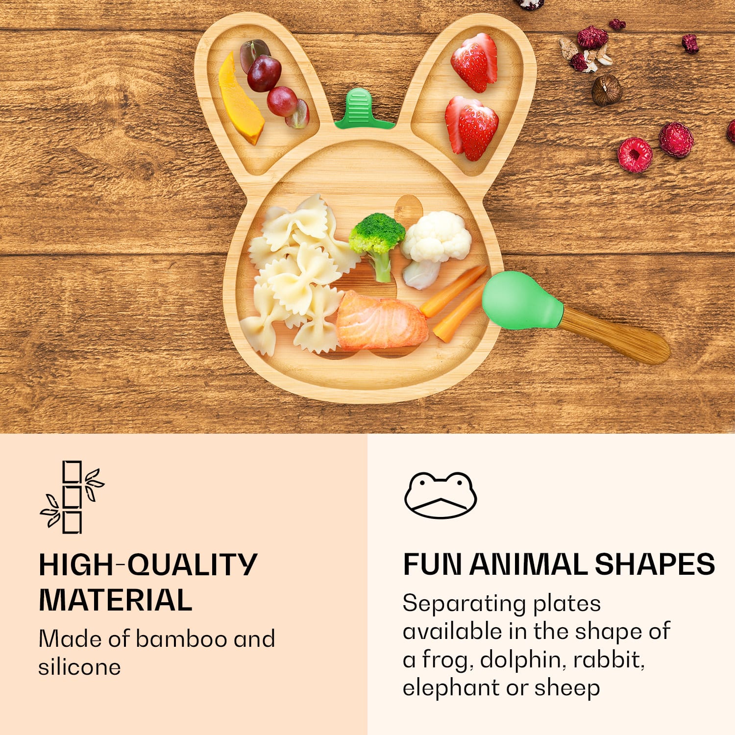 Klarstein Detská jedálenská súprava, bambusový tanier a lyžička, 250 ml, vrátane prísavky, 18 × 18 cm – Obrázok 4