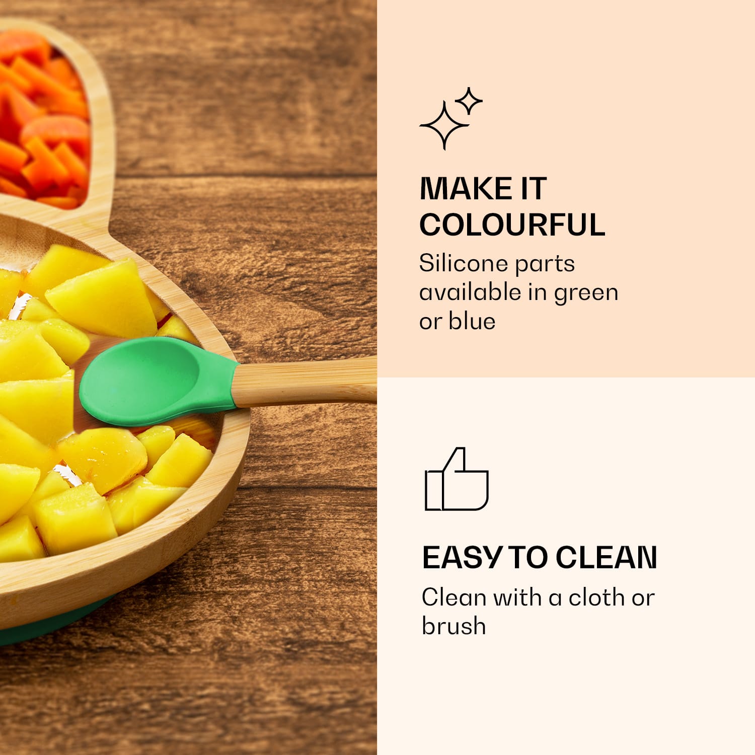 Klarstein Detská jedálenská súprava, bambusový tanier a lyžička, 250 ml, vrátane prísavky, 18 × 18 cm – Obrázok 5