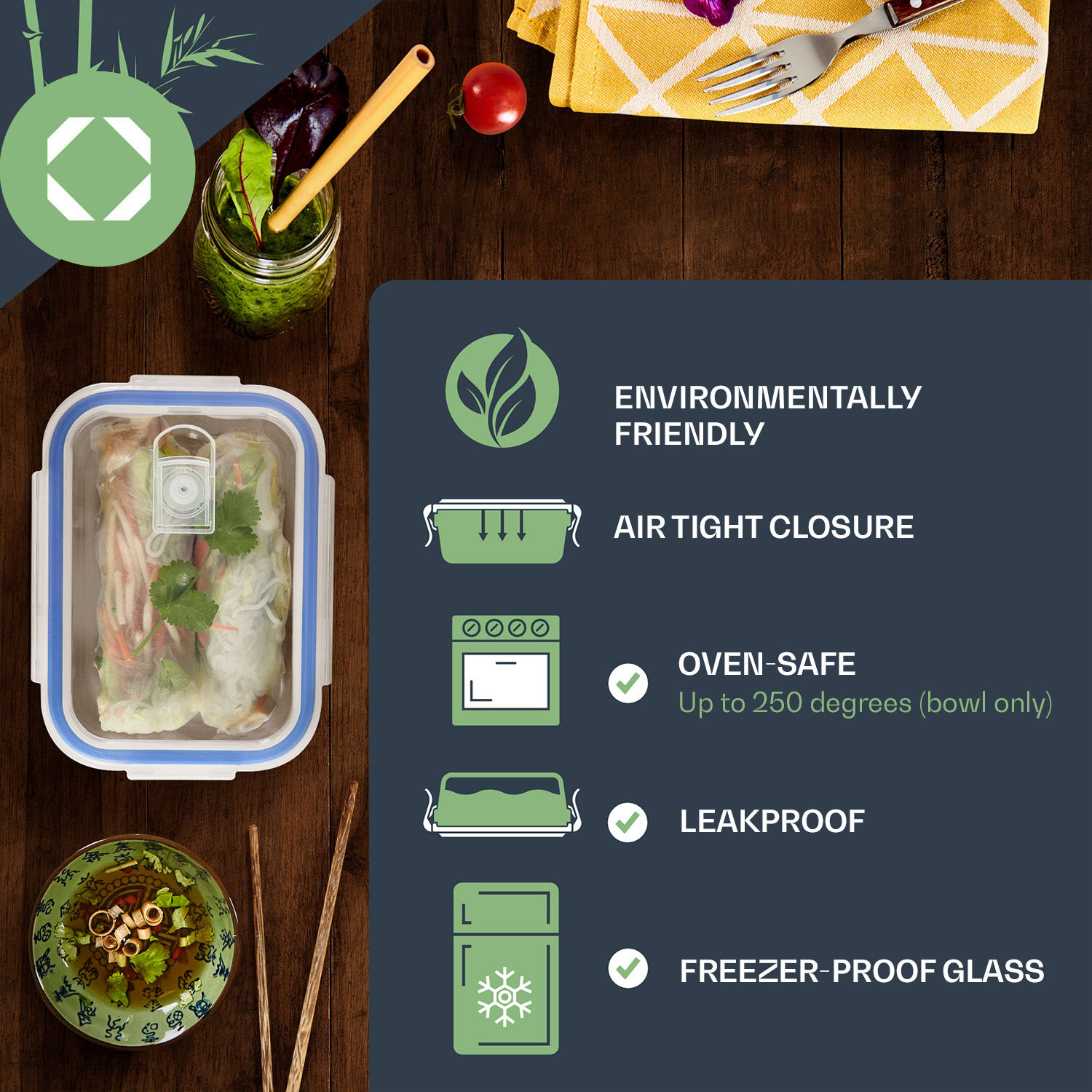 Klarstein Obdĺžnikové sklenené dózy, súprava 4 kusov, 1520 ml, 1040 ml, 640 ml, 370 ml, s vrchnákom – Obrázok 2