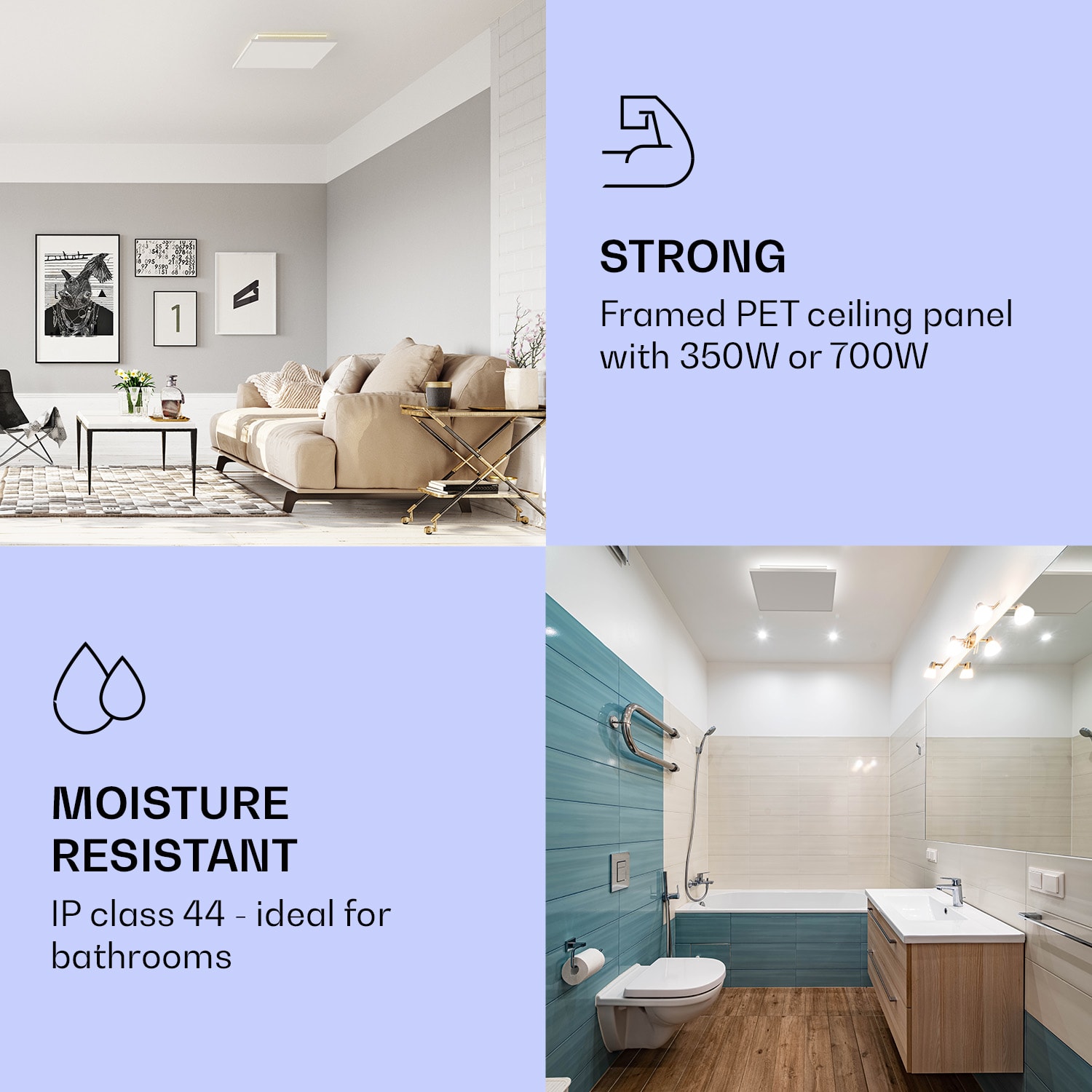 Klarstein Wondersky, infračervený stropný ohrievač, súprava 2 ohrievačov, 60 x 6,5 x 60 cm (Š x V x H), 350 W, IP44 – Obrázok 5