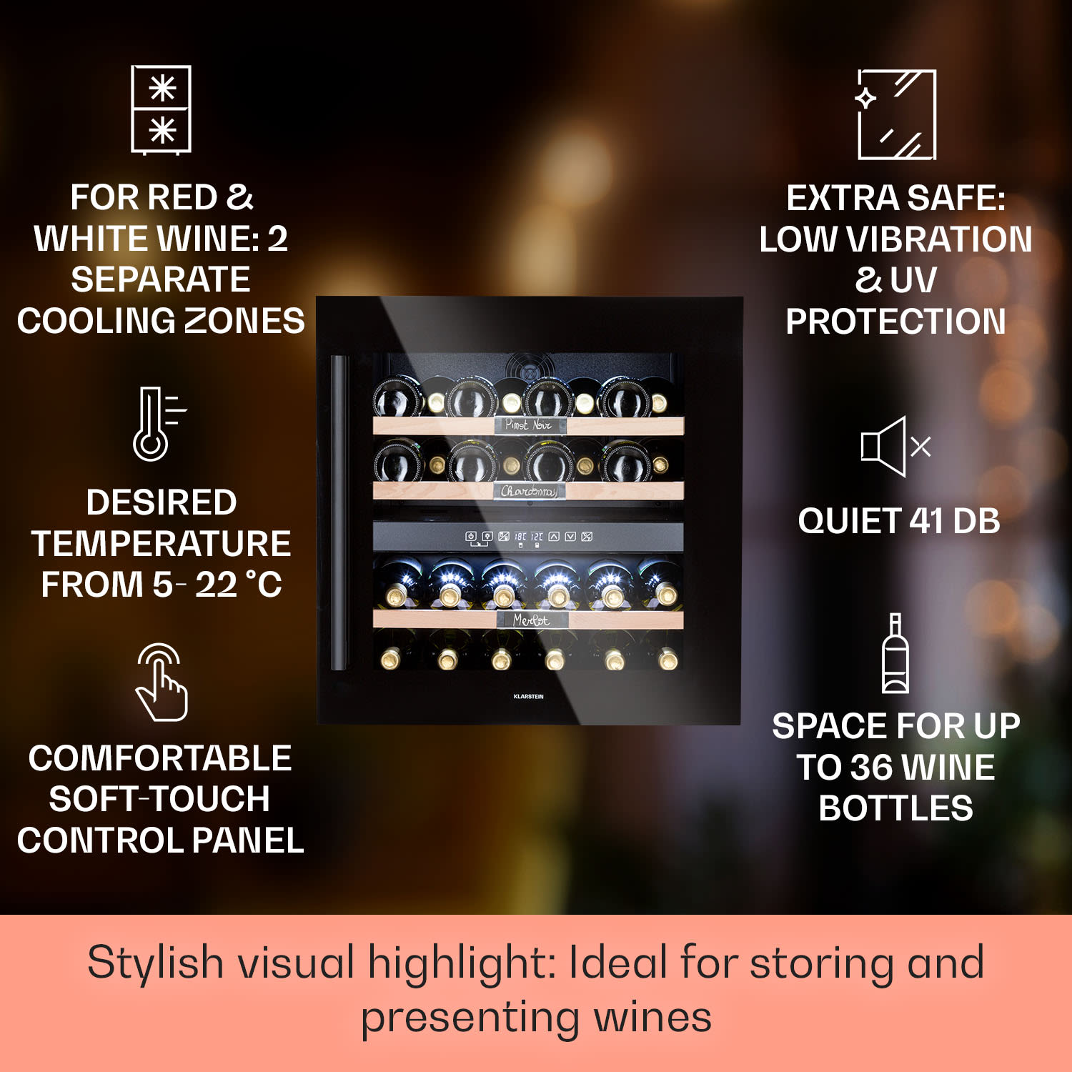 Klarstein Vinsider 36 Onyx Edition, vinotéka, 85 l, 5-22°C, 2 zóny – Obrázok 2