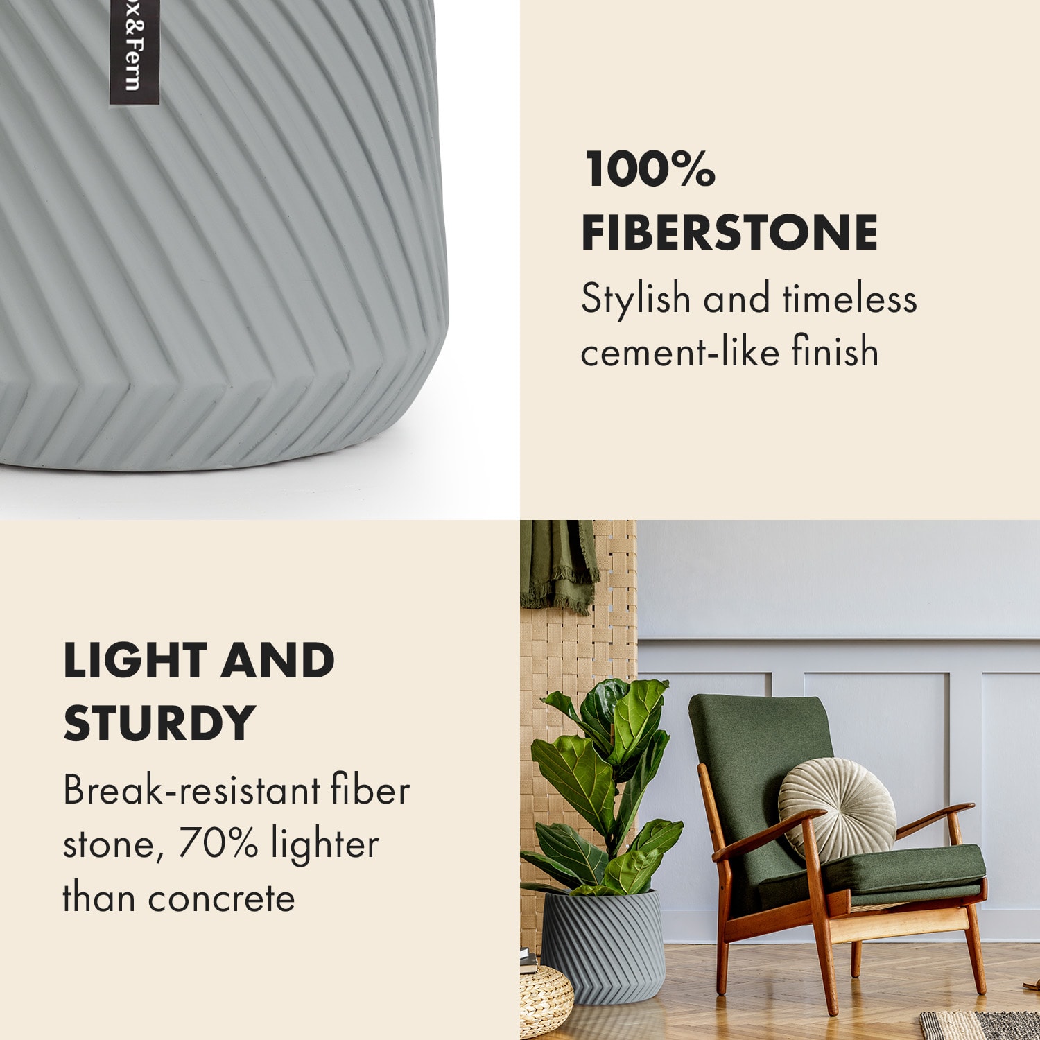 Fox & Fern Heusden, kvetináč, Polystone, vhodný pre rastliny, ručná výroba – Obrázok 3