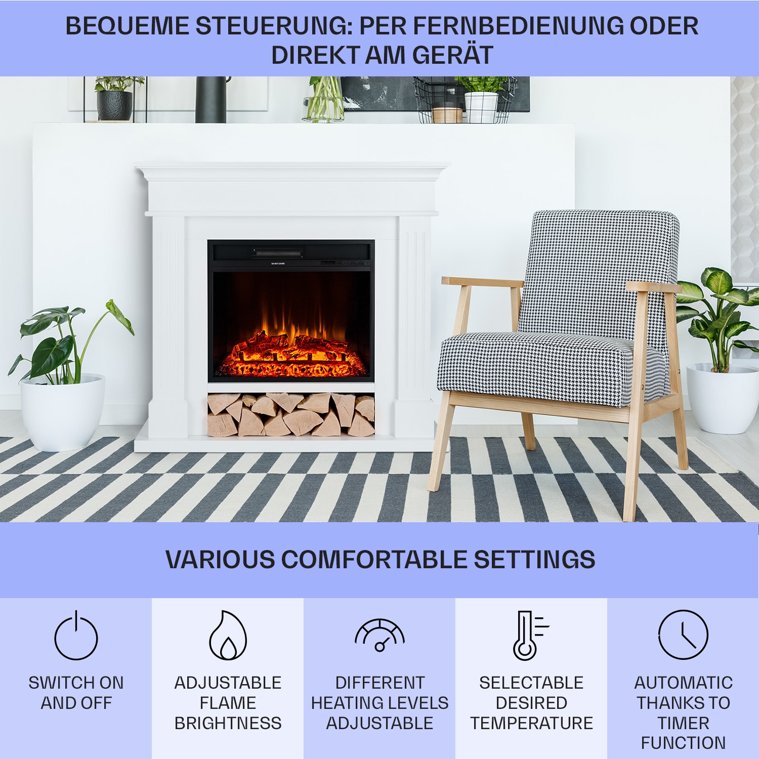 Klarstein Las Pilas, elektrický krbový ohrievač s ventilátorom, 900/1800 W, týždenný časovač, diaľkové ovládanie – Obrázok 5