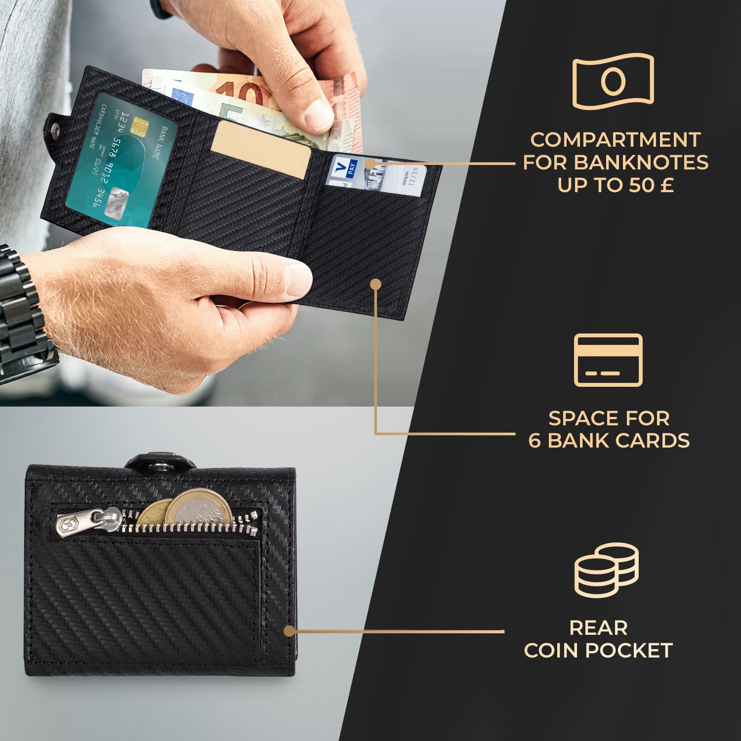 Slimpuro TRYO Slim Wallet 5 kariet vrecko na mince, 9,2 x 2,2 x 7,5 cm (Š x V xH), ochrana RFID – Obrázok 2