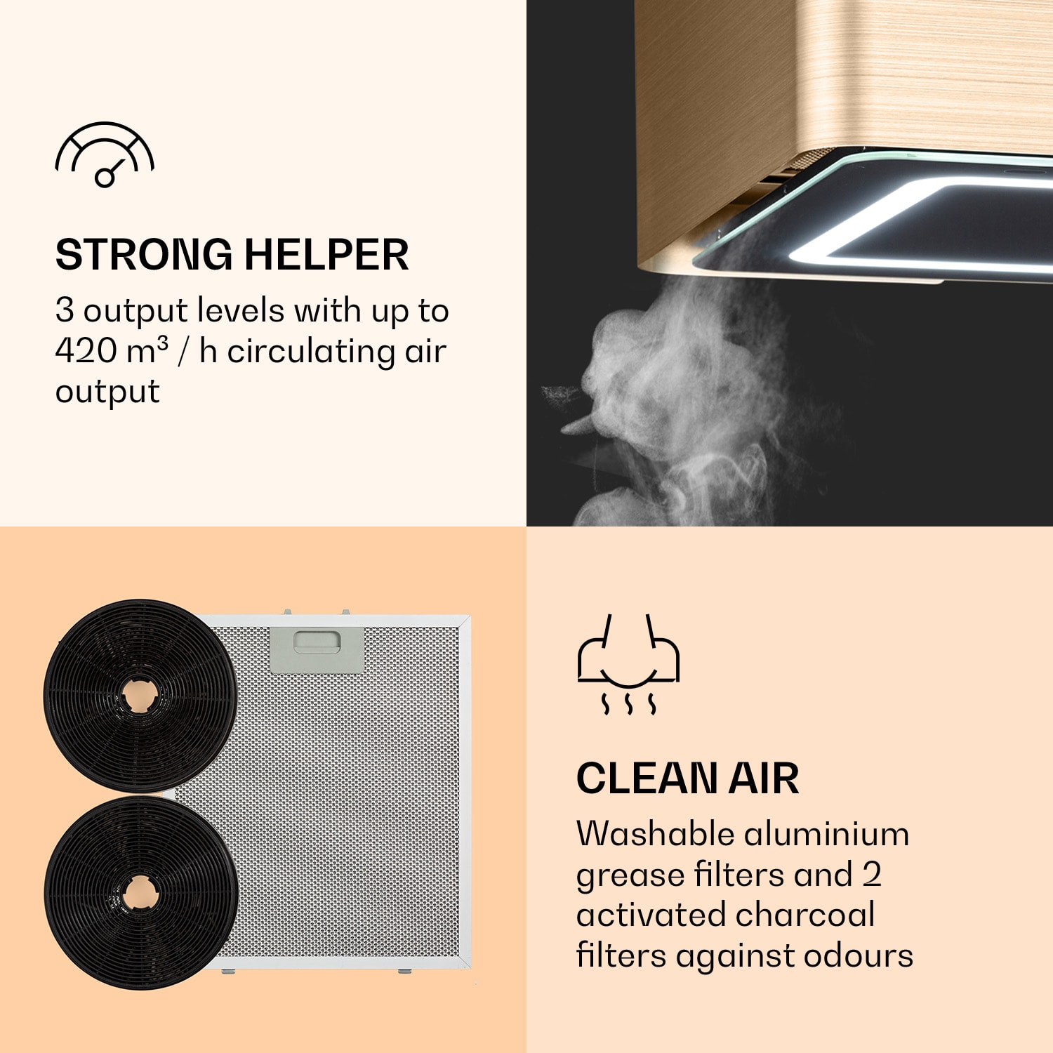 Klarstein Futurelight Smart, digestor, 42 cm, ostrovčekový, 420 m³/h, LED, nehrdzavejúca oceľ, čierny – Obrázok 5