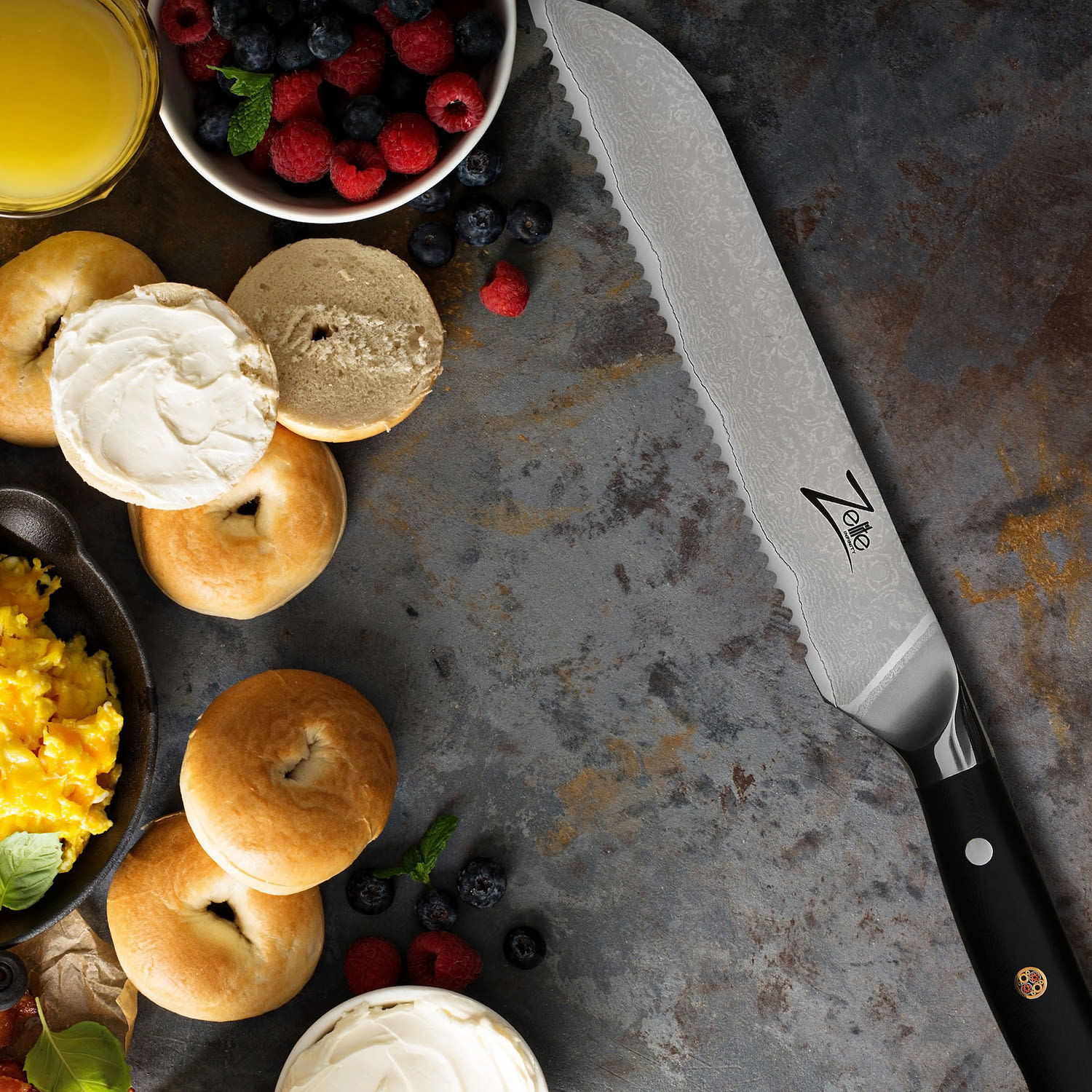 Zelite Infinity by Klarstein Alpha-Royal Japanese Series, 8" nôž na chlieb, 18° zúbkovaný okraj, damašková oceľ – Obrázok 4