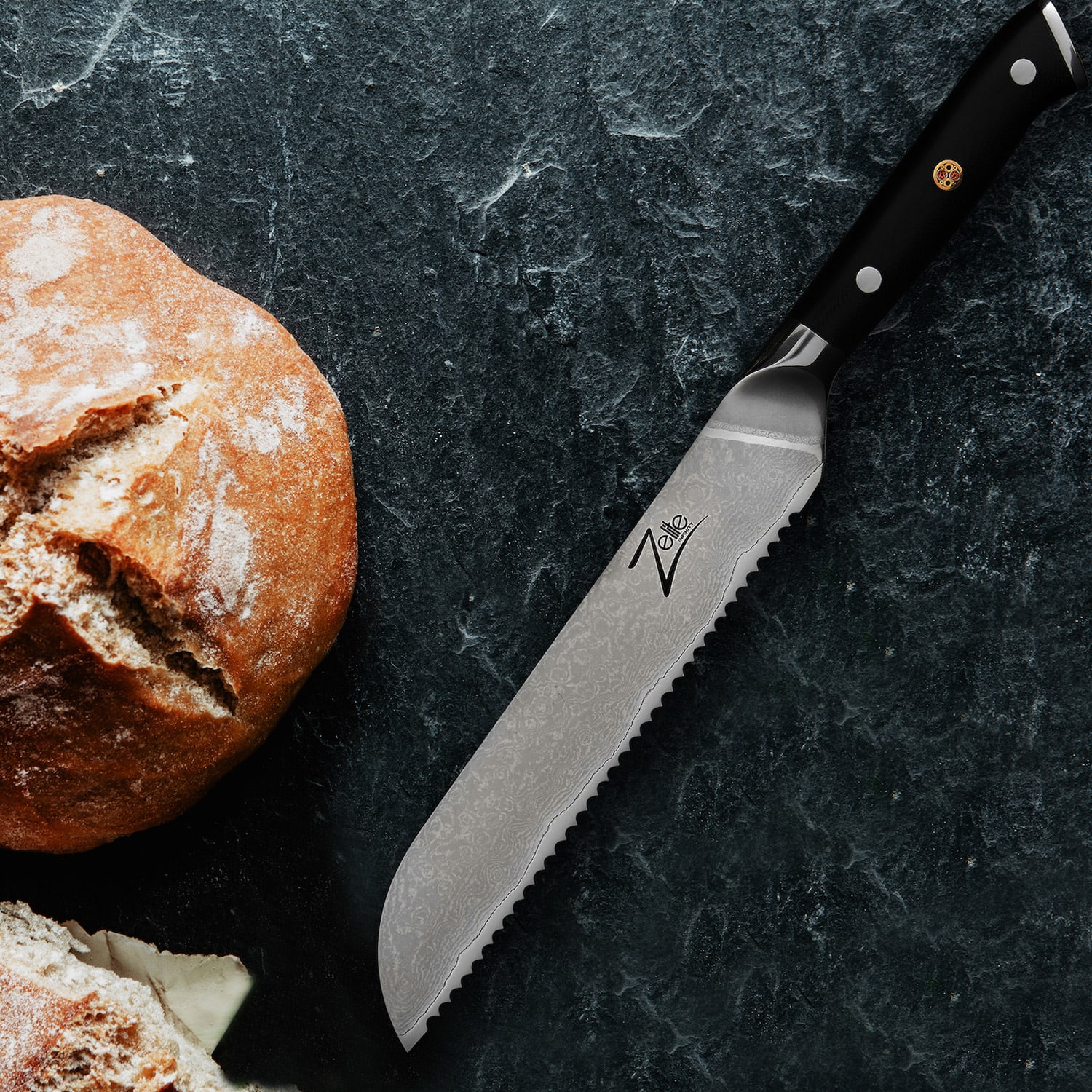 Zelite Infinity by Klarstein Alpha-Royal Japanese Series, 8" nôž na chlieb, 18° zúbkovaný okraj, damašková oceľ – Obrázok 5
