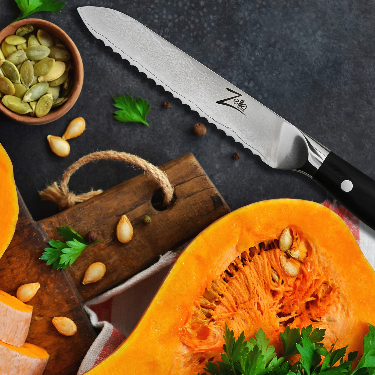 Zelite Infinity by Klarstein Alpha-Royal Japanese Series, 5,5" univerzálny nôž, zúbkovaný okraj, damašková oceľ – Obrázok 4