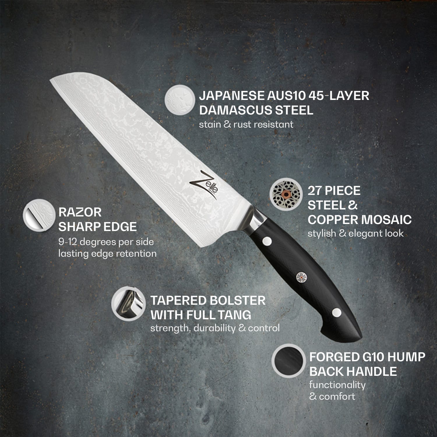 Zelite Infinity by Klarstein Executive-Plus, 7" nôž santoku, 61 HRC, damašková oceľ – Obrázok 2