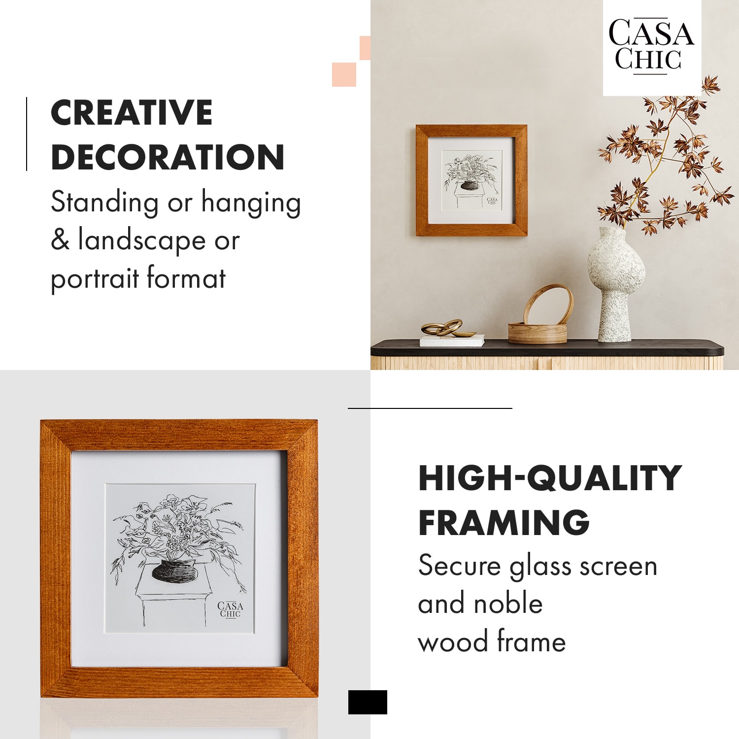 Casa Chic Bristol, rám na obrázky, sklo, 15 x 15 cm s paspartou, pravé drevo – Obrázok 3