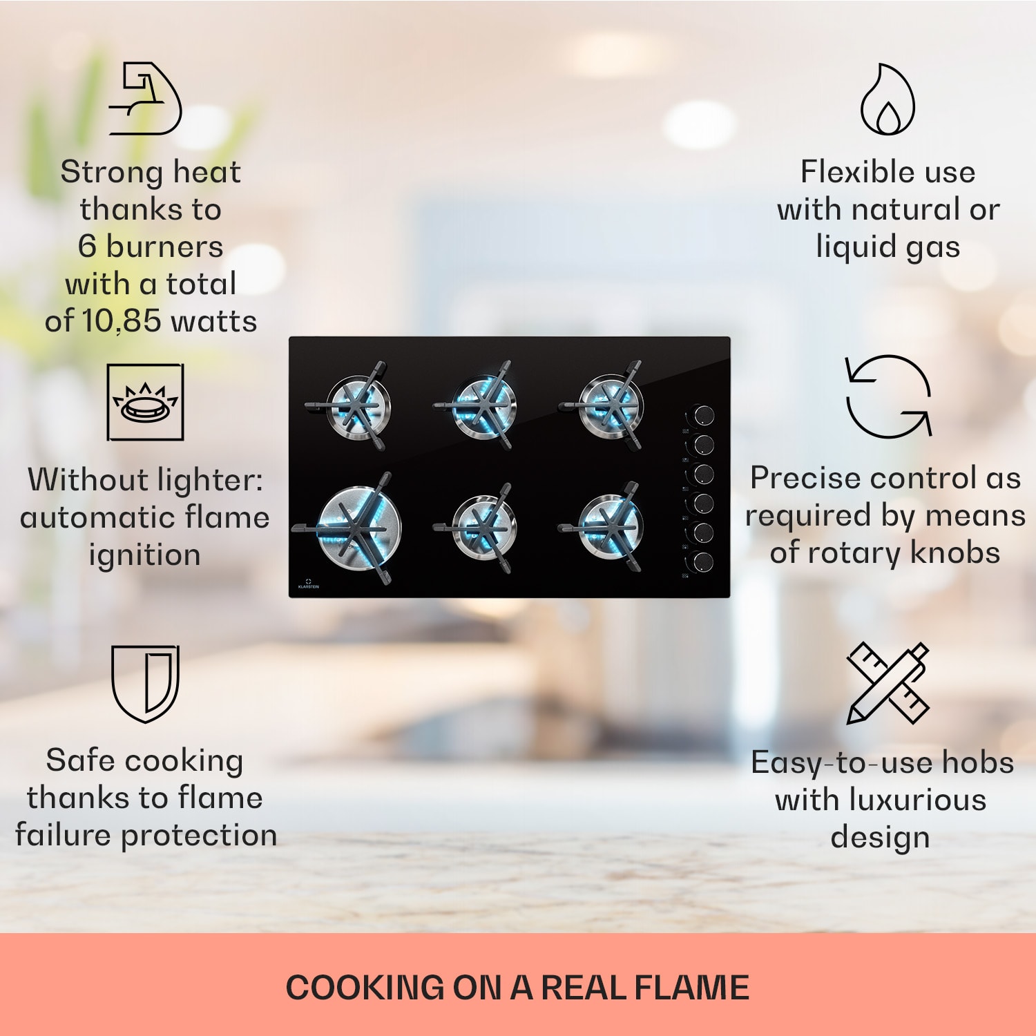 Klarstein Trifecta 6, plynová varná doska, 6 horákov, veľký, normálne a pomocné horáky, sklokeramika – Obrázok 2