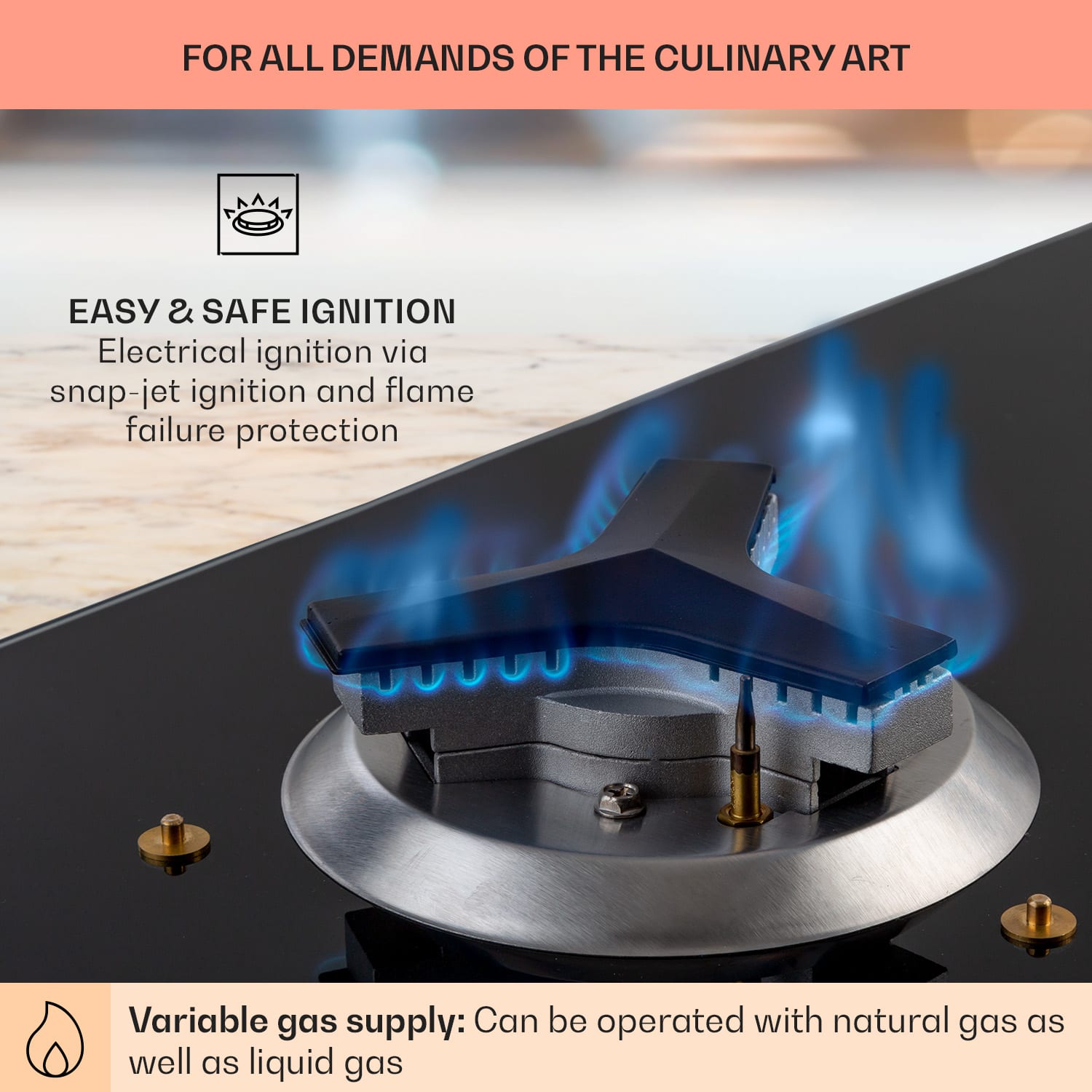 Klarstein Trifecta 6, plynová varná doska, 6 horákov, veľký, normálne a pomocné horáky, sklokeramika – Obrázok 5