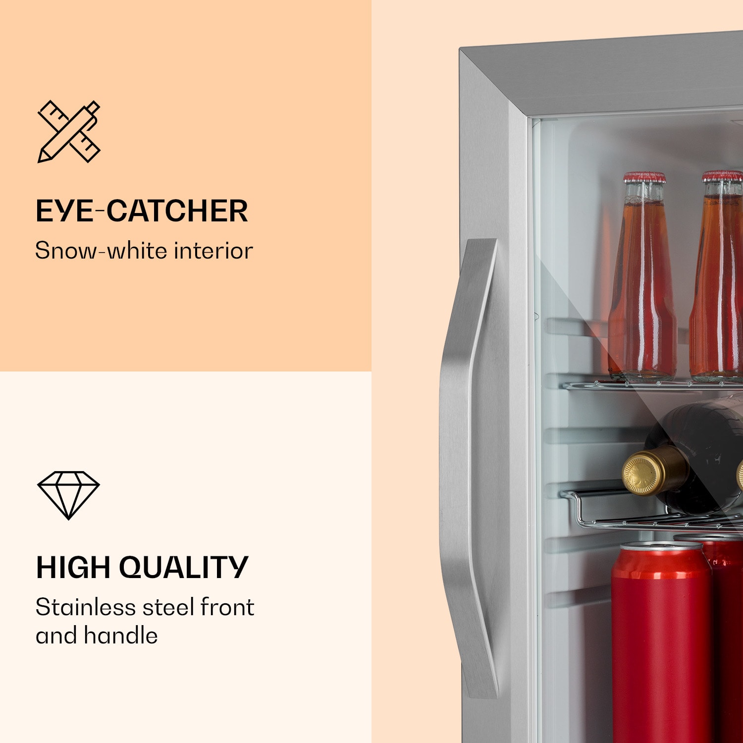 Klarstein Beersafe M Crystal White, chladnička, 33 l, 2 police, panoramatické sklenené dvierka, nehrdzavejúca oceľ – Obrázok 3