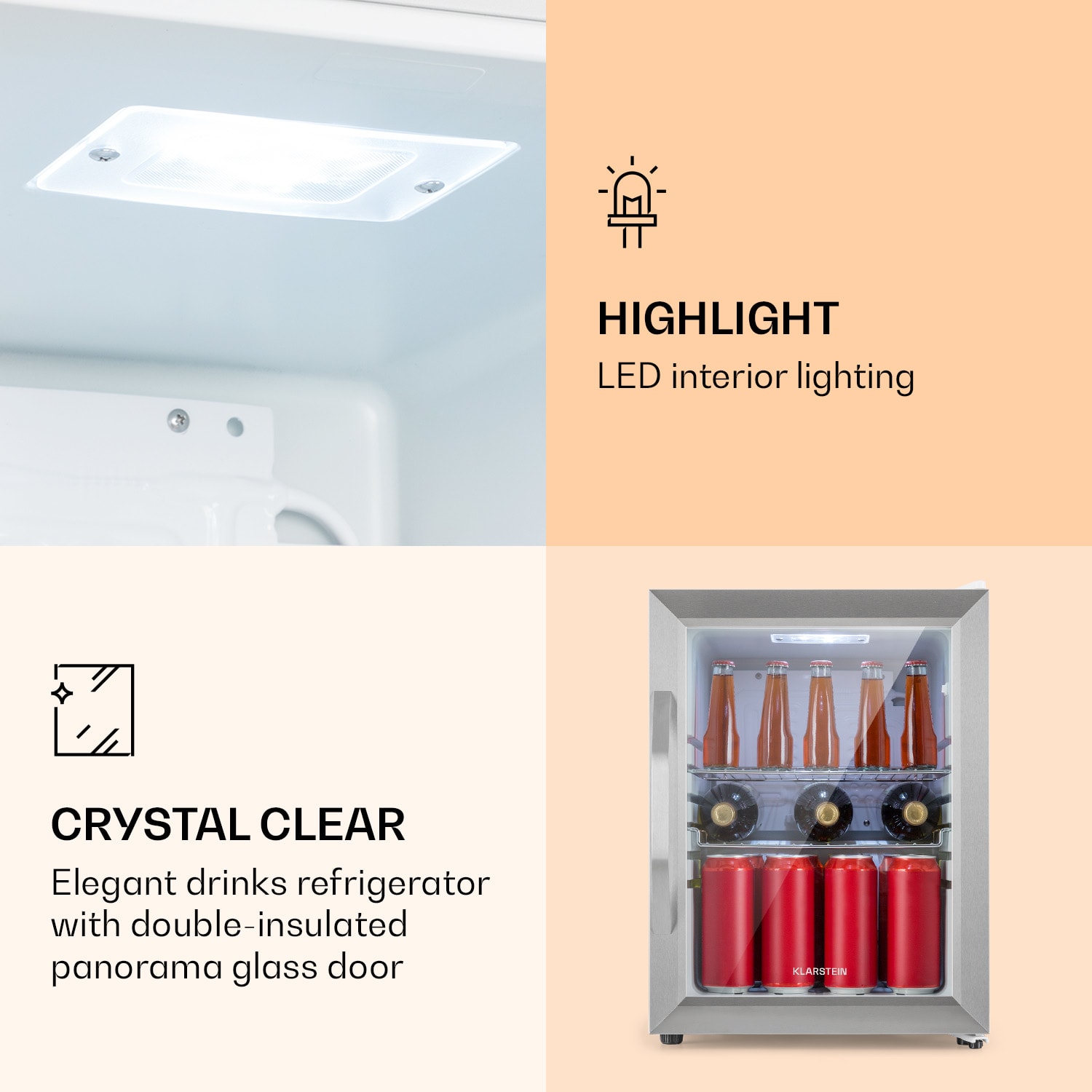 Klarstein Beersafe M Crystal White, chladnička, 33 l, 2 police, panoramatické sklenené dvierka, nehrdzavejúca oceľ – Obrázok 4