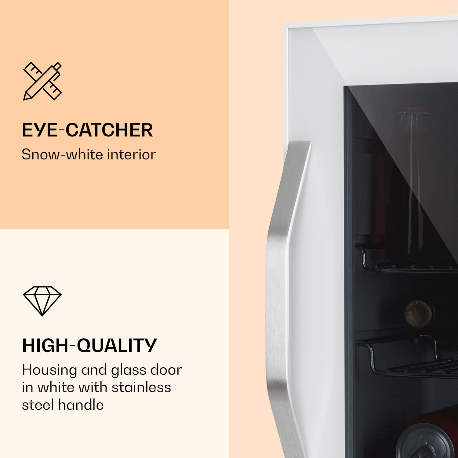 Klarstein Beersafe L Quartz, chladnička, 47 l, 2 police, sklenené panoramatické dvierka, biela – Obrázok 3