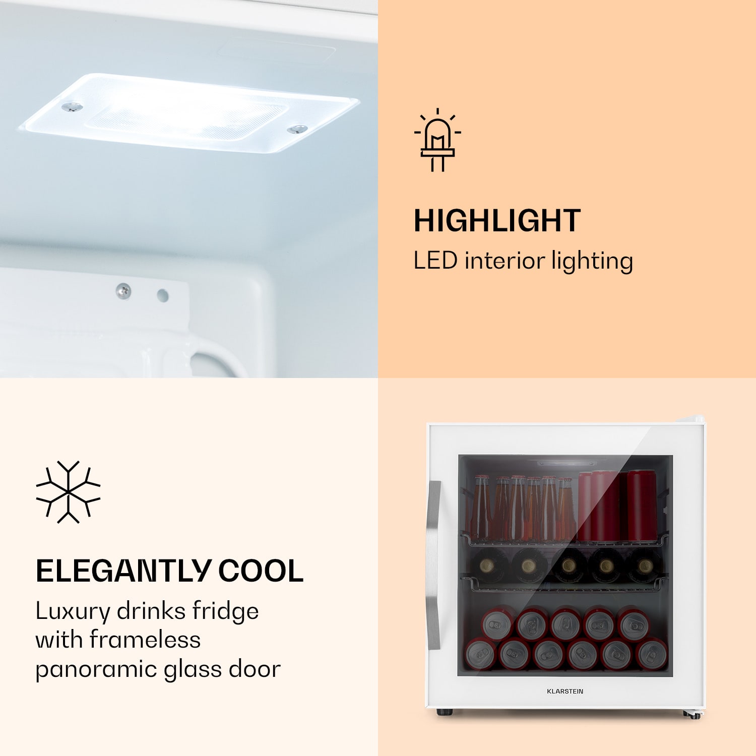 Klarstein Beersafe L Quartz, chladnička, 47 l, 2 police, sklenené panoramatické dvierka, biela – Obrázok 4