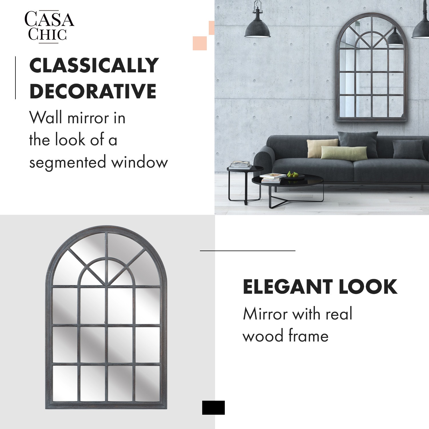 Casa Chic Savile, francúzske zrkadlo vo vzhľade okna, drevený rám, 120 x 80 cm – Obrázok 3