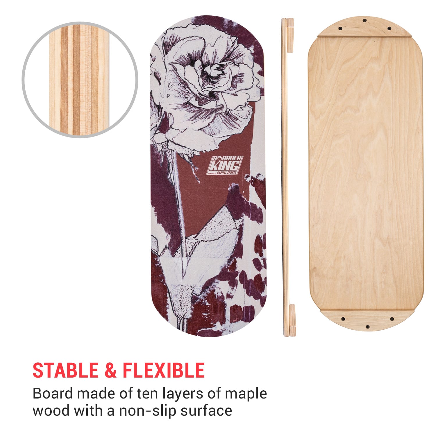 BoarderKING Indoorboard Classic, balančná doska, podložka, valec, drevo/korok, červená – Obrázok 3