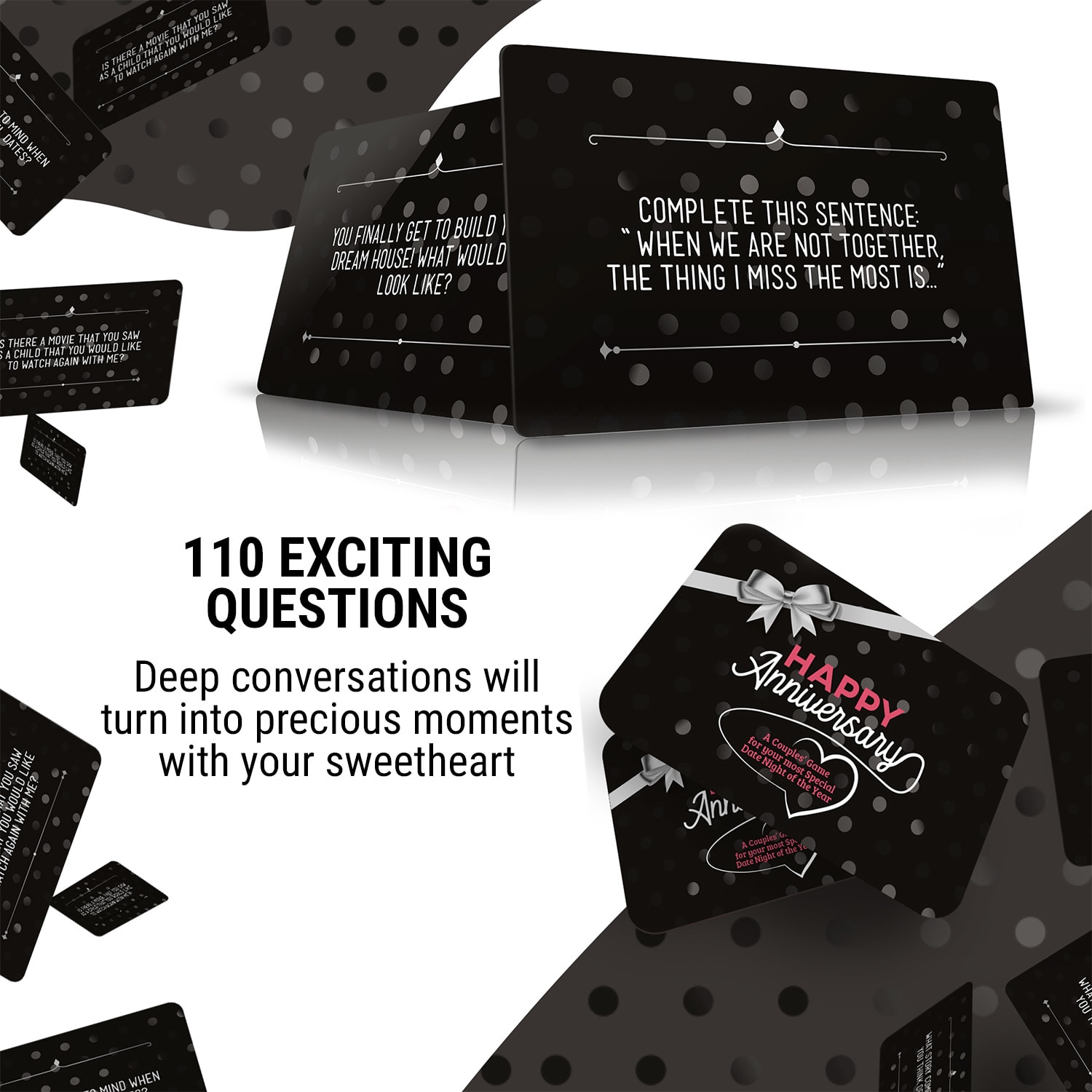 Spielehelden Happy Anniversary Black Edition, Kartová hra pre páry, 110 otázok, Darčeková krabička v anglickom jazyku – Obrázok 3