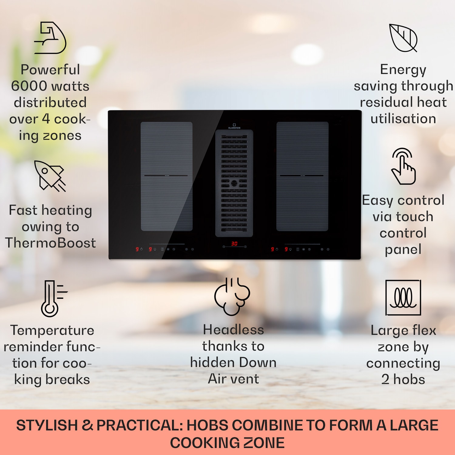 Klarstein Full House Down Air System, indukčná varná doska s odsávaním, 477 m³/h, energet. trieda A – Obrázok 2