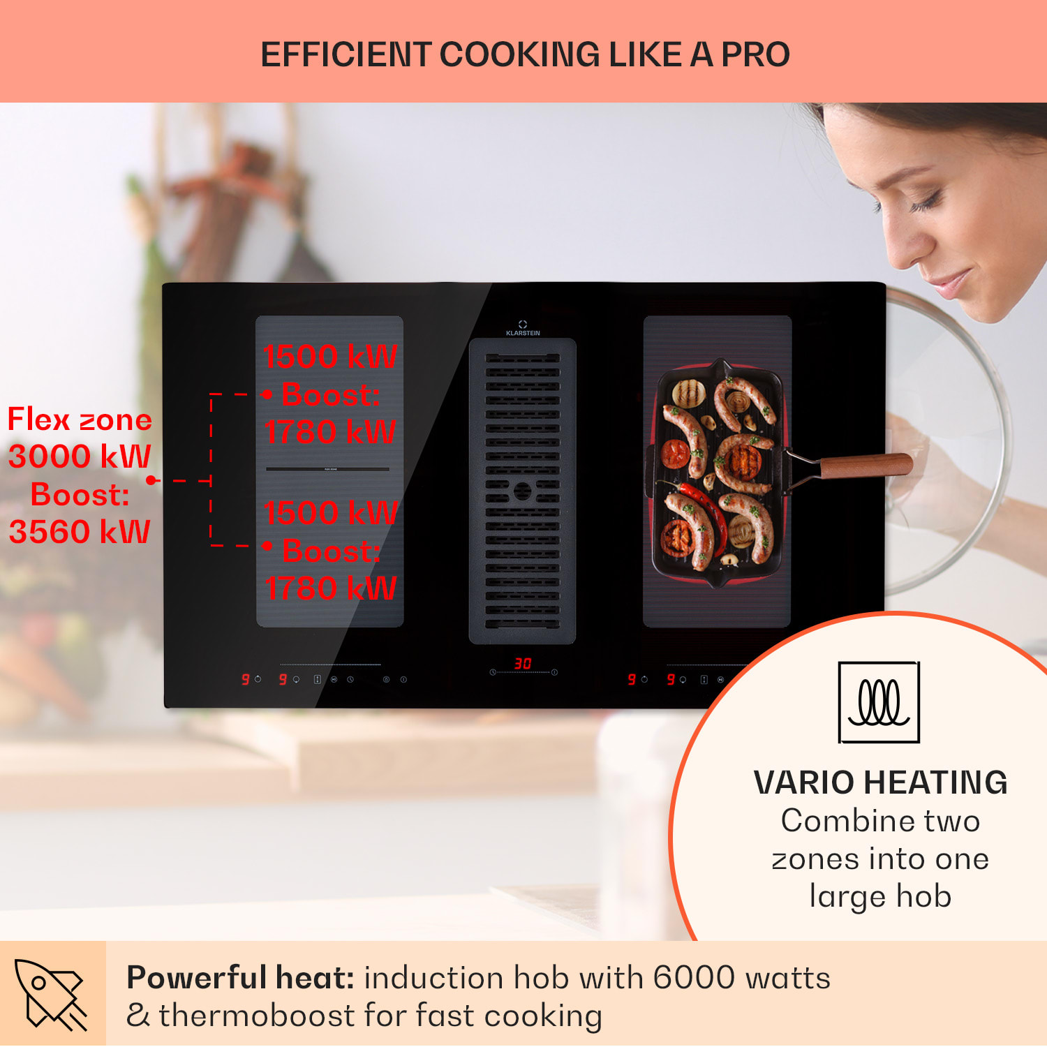 Klarstein Full House Down Air System, indukčná varná doska s odsávaním, 477 m³/h, energet. trieda A – Obrázok 4