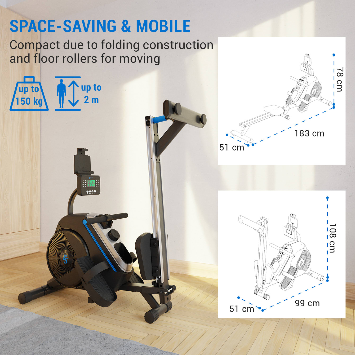 Capital Sports Helios, magnetický veslovací trenažér, LED displej, 8 úrovní, hliník – Obrázok 3