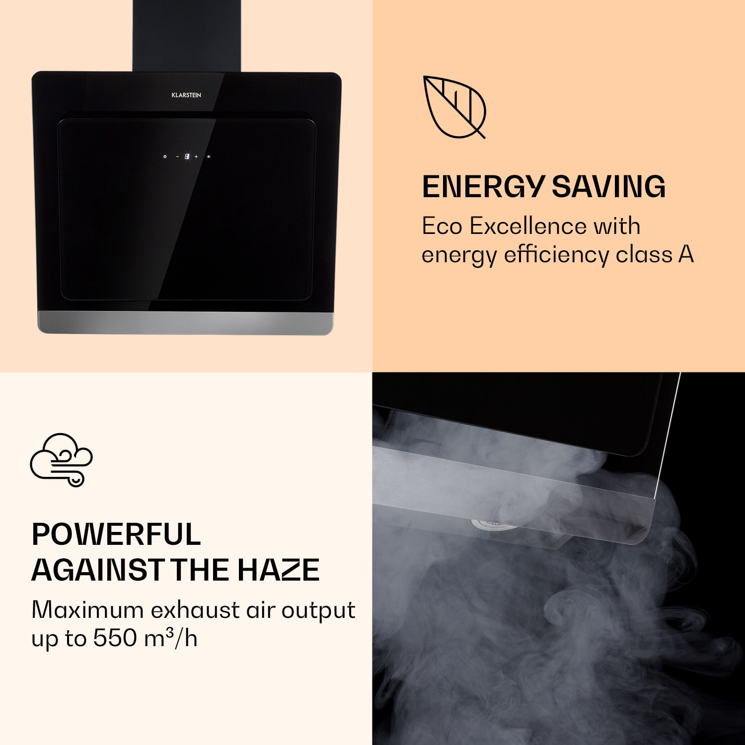 Klarstein Aurora Eco 60, digestor, 60 cm, nástenný, 550 m³/h, A+, dotykové ovládanie, čierny – Obrázok 3