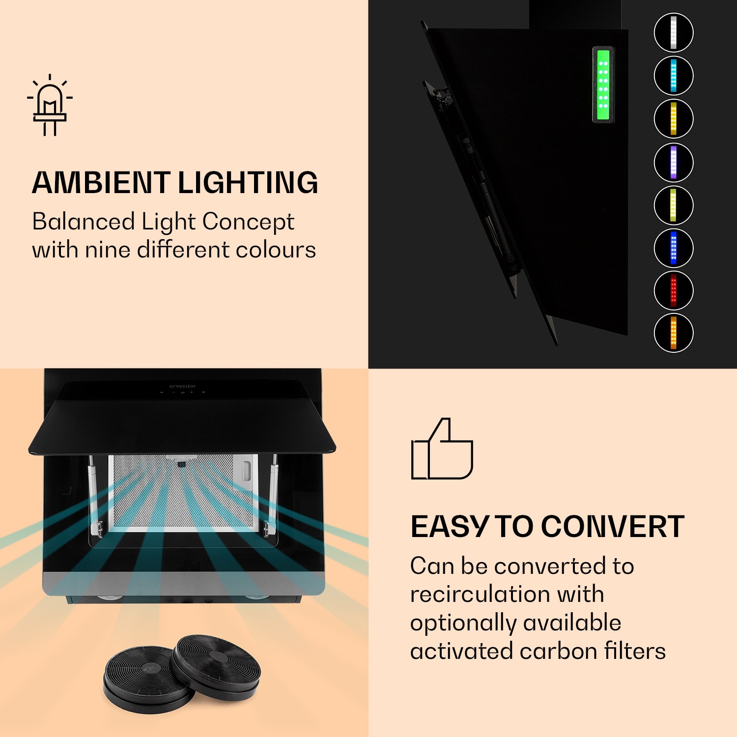Klarstein Aurora Eco 60, digestor, 60 cm, nástenný, 550 m³/h, A+, dotykové ovládanie, čierny – Obrázok 4