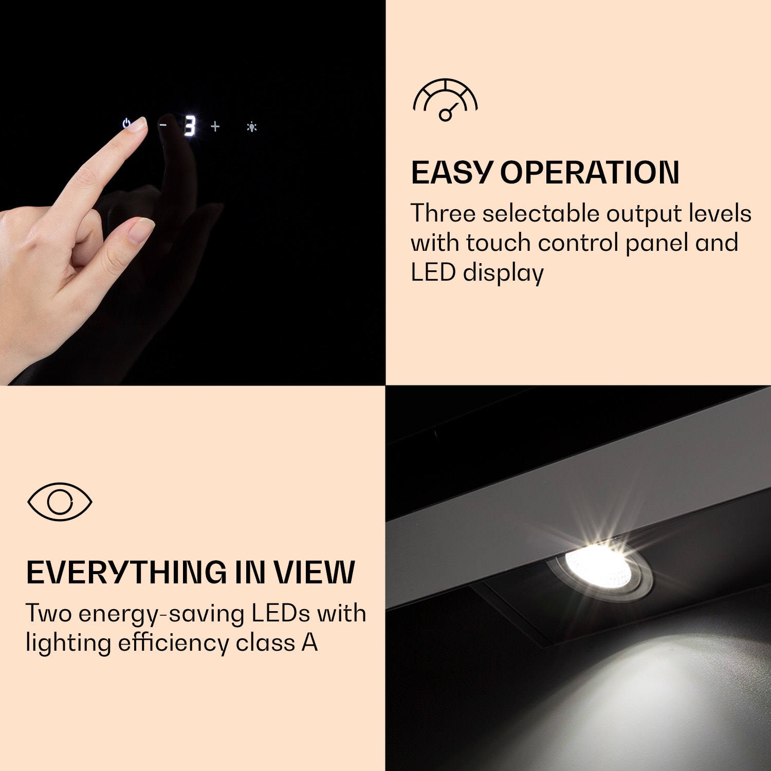 Klarstein Aurora Eco 60, digestor, 60 cm, nástenný, 550 m³/h, A+, dotykové ovládanie, čierny – Obrázok 5