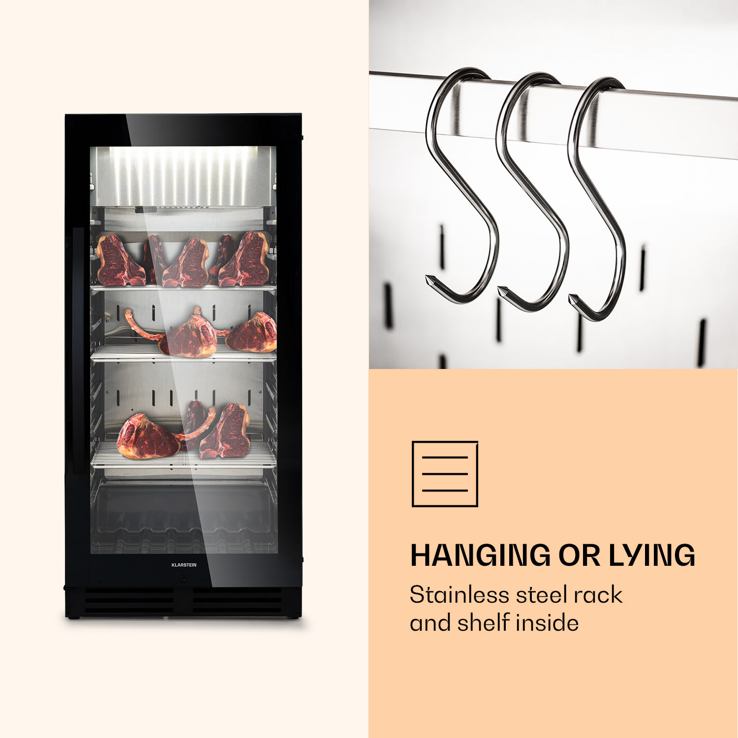 Klarstein Steakhouse Pro 233 Onyx, chladnička na zrenie mäsa, 1 zóna, 233 l, 1-25°C, dotykový displej, panoramatické okno – Obrázok 5