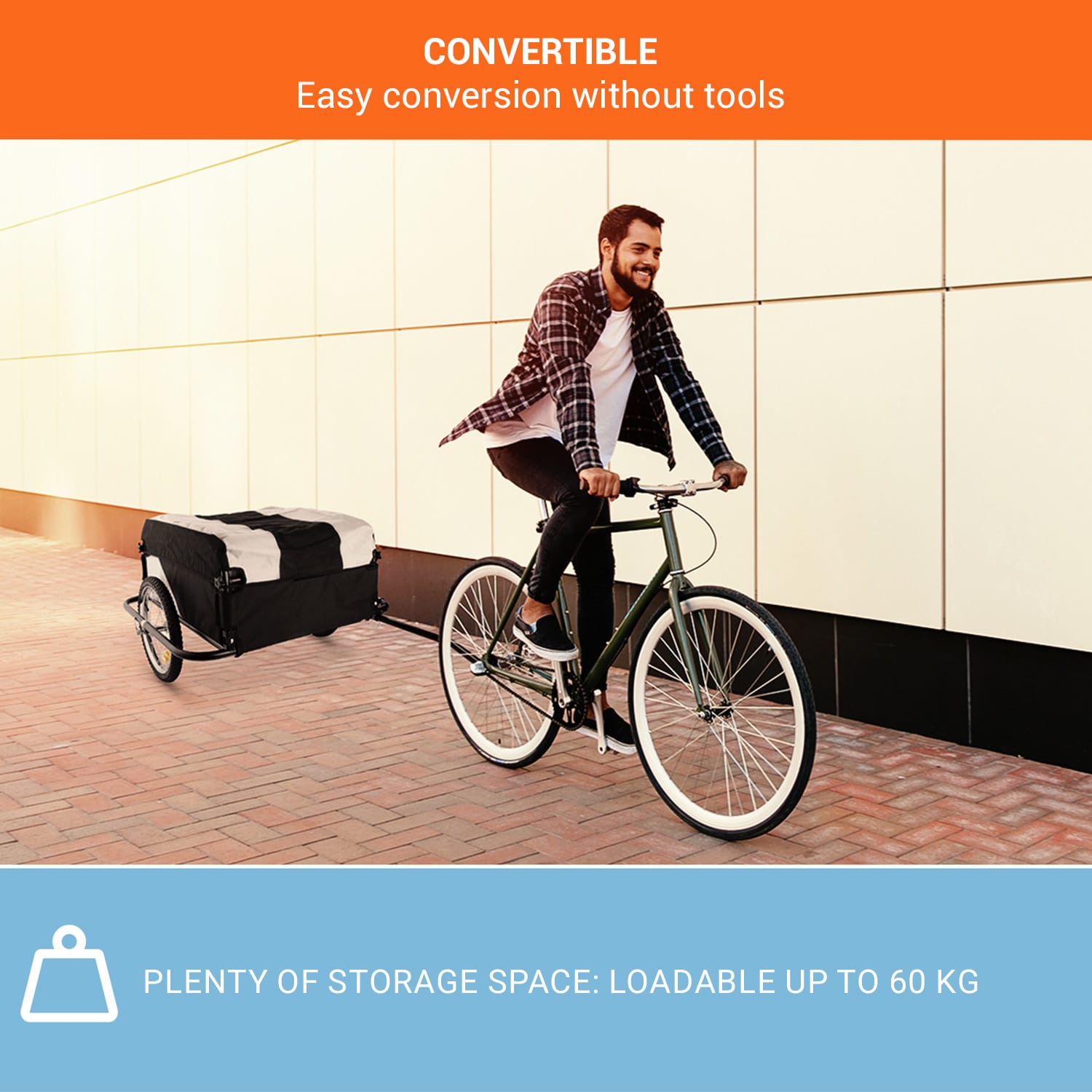 DURAMAXX Mountee, 130 l, 60 kg, príves na bicykel, nákladný vozík, oceľová tyč – Obrázok 2