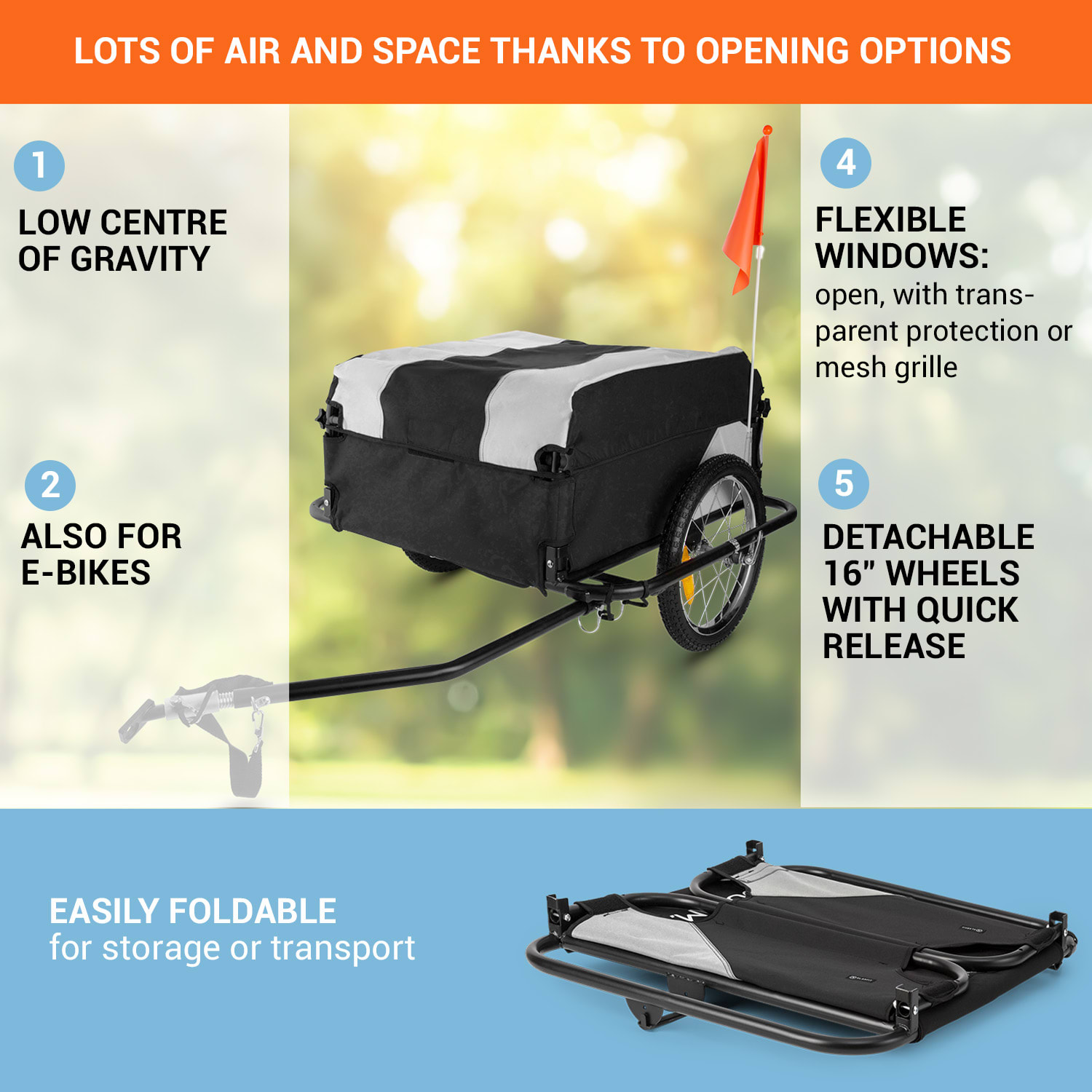 DURAMAXX Mountee, 130 l, 60 kg, príves na bicykel, nákladný vozík, oceľová tyč – Obrázok 3