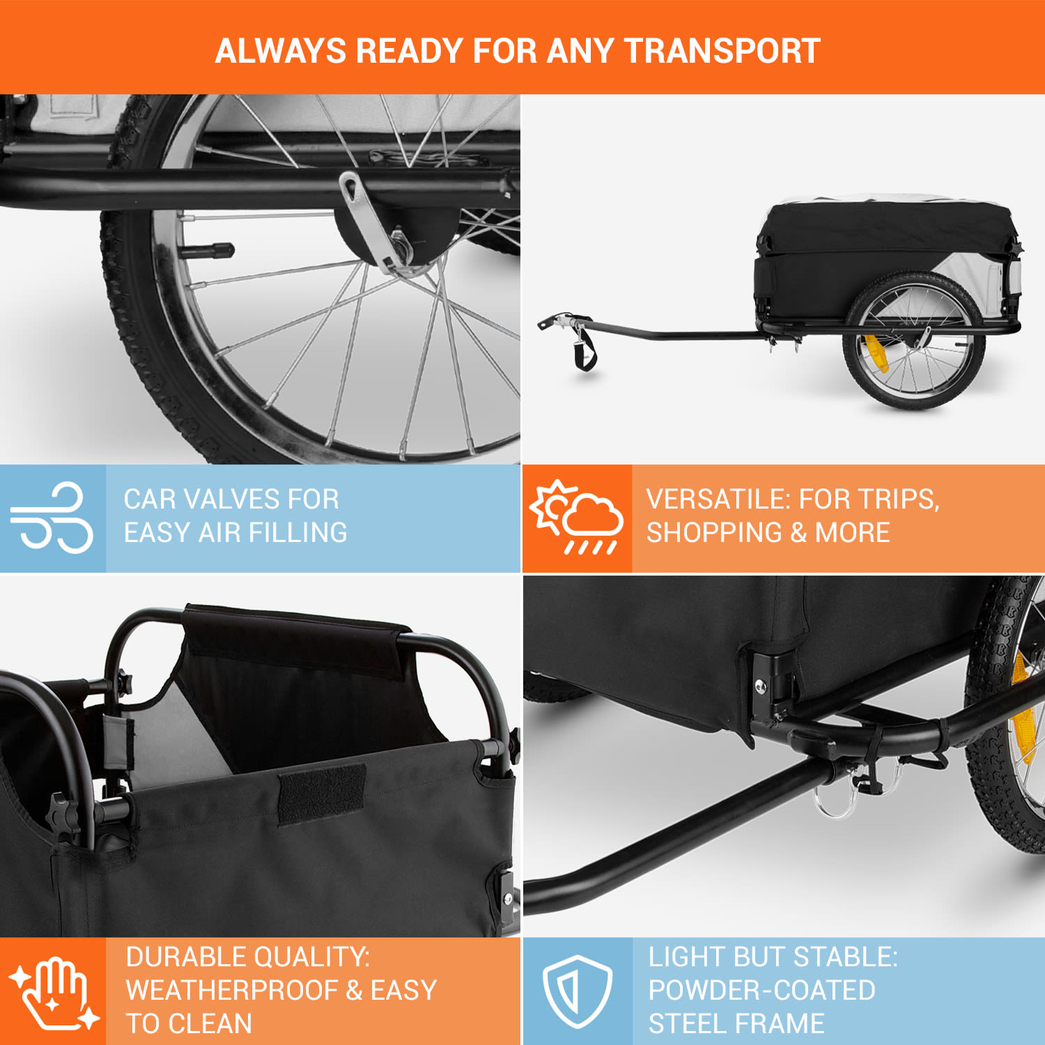 DURAMAXX Mountee, 130 l, 60 kg, príves na bicykel, nákladný vozík, oceľová tyč – Obrázok 5