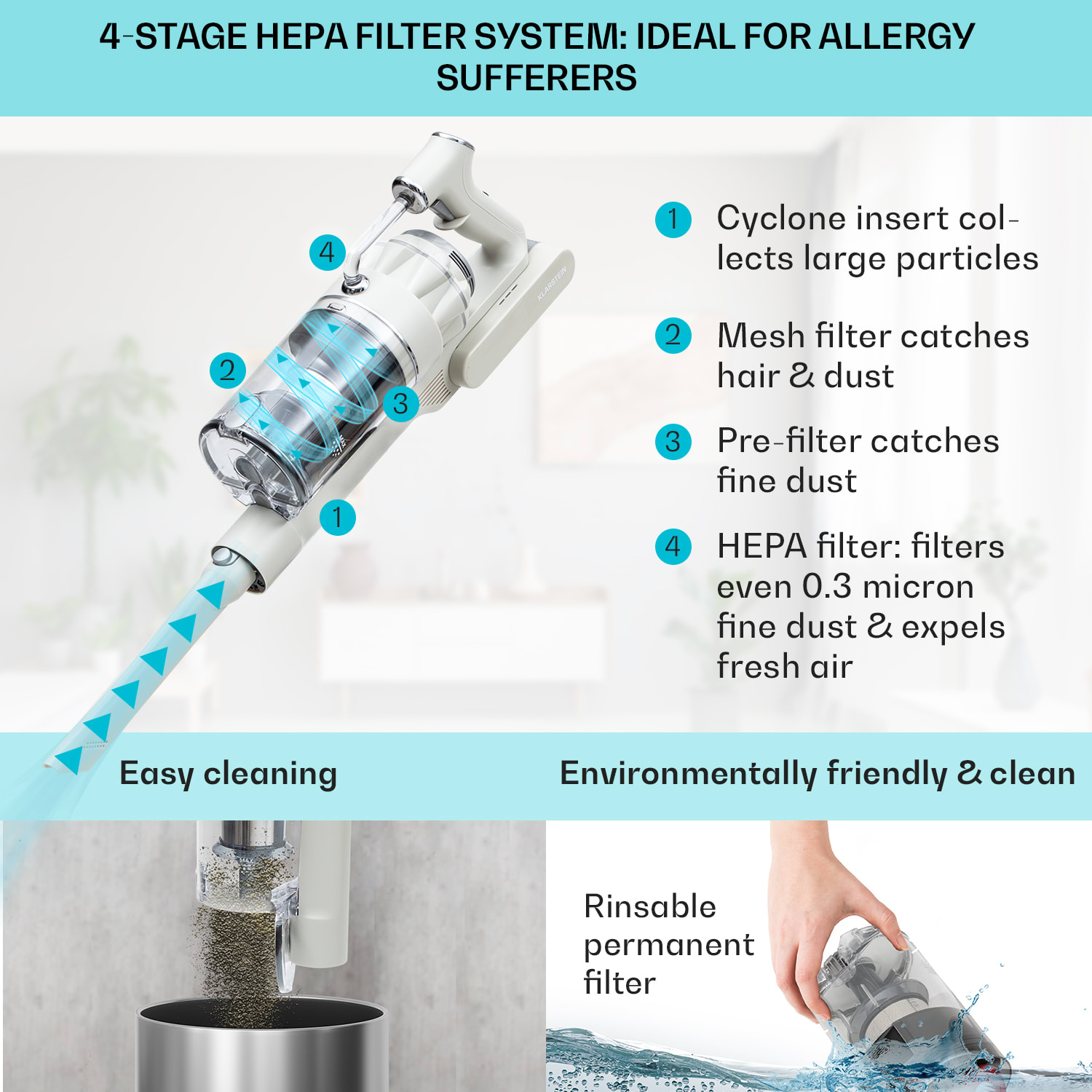 Klarstein LARMA, vysávač, akumulátorový, bezvreckový, maximálna doba prevádzky 45min, LED – Obrázok 3