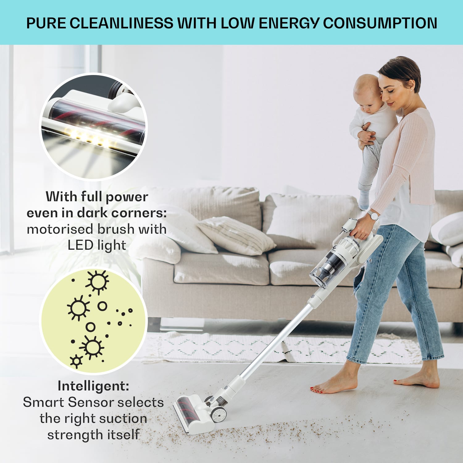 Klarstein LARMA, vysávač, akumulátorový, bezvreckový, maximálna doba prevádzky 45min, LED – Obrázok 4