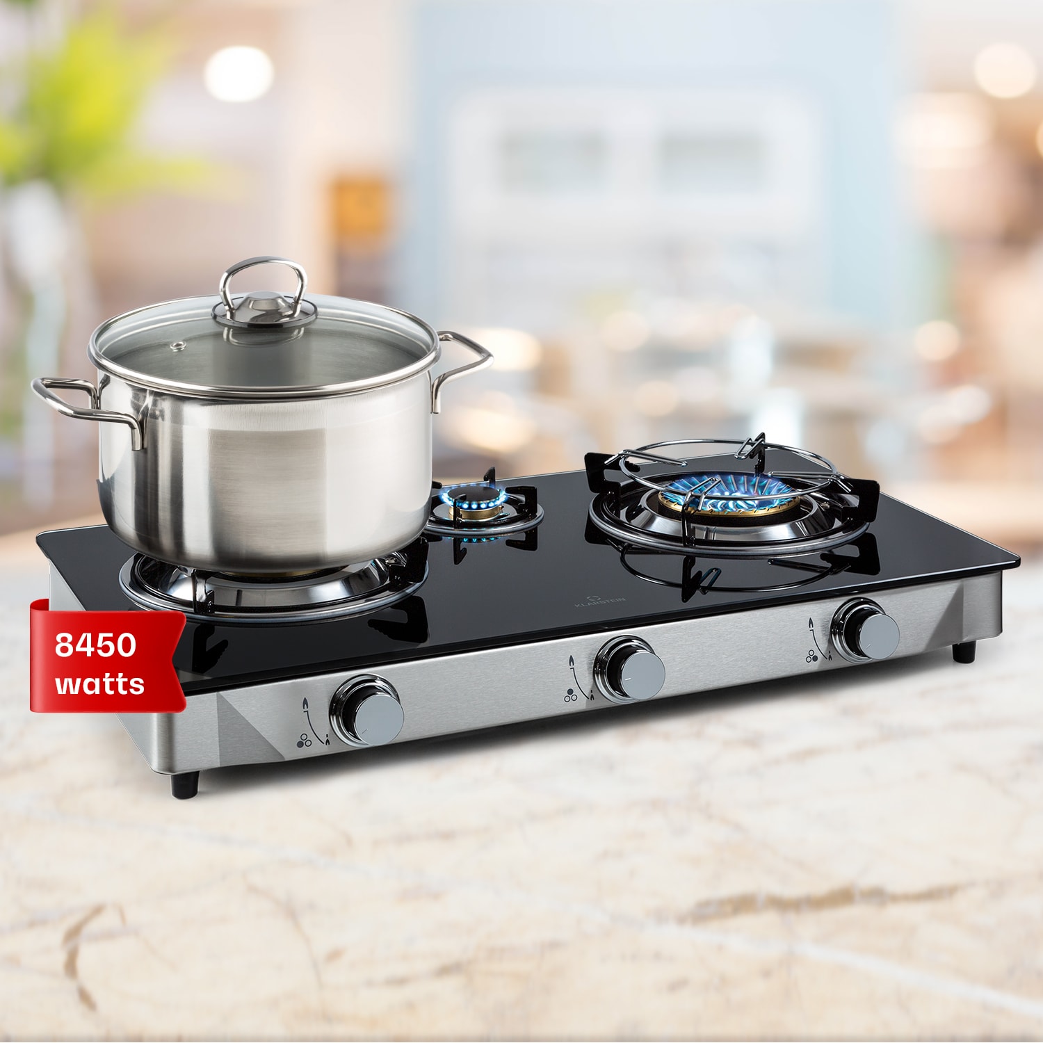 Klarstein Barzona 3, kempingový varič, 3 horáky, 3,4 kW a 0,75 kW a 4,3 kW, sklenená doska, kryt z nehrdzavejúcej ocele