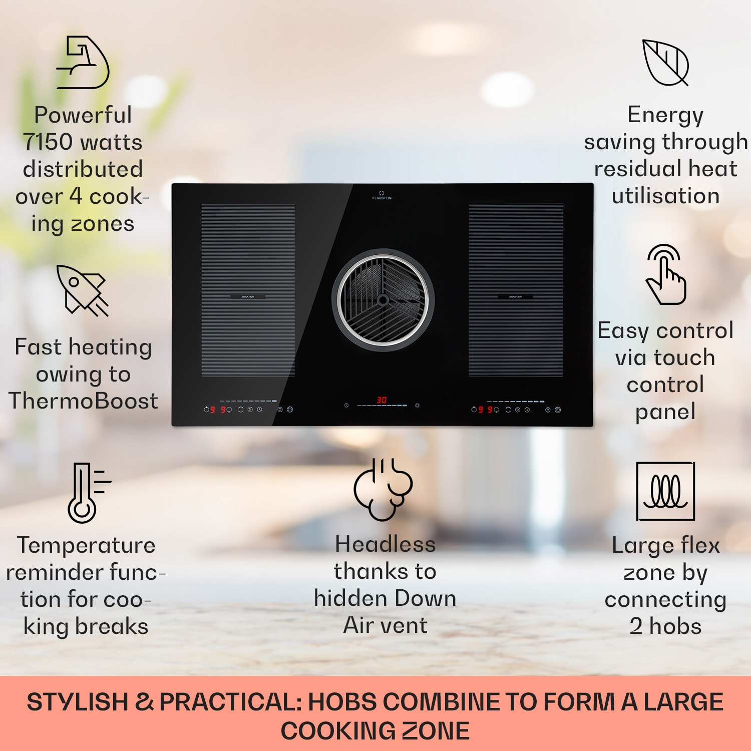 Klarstein Full House Down Air System, indukčná varná doska s odsávaním, 655 m³/h, energet. trieda A – Obrázok 2