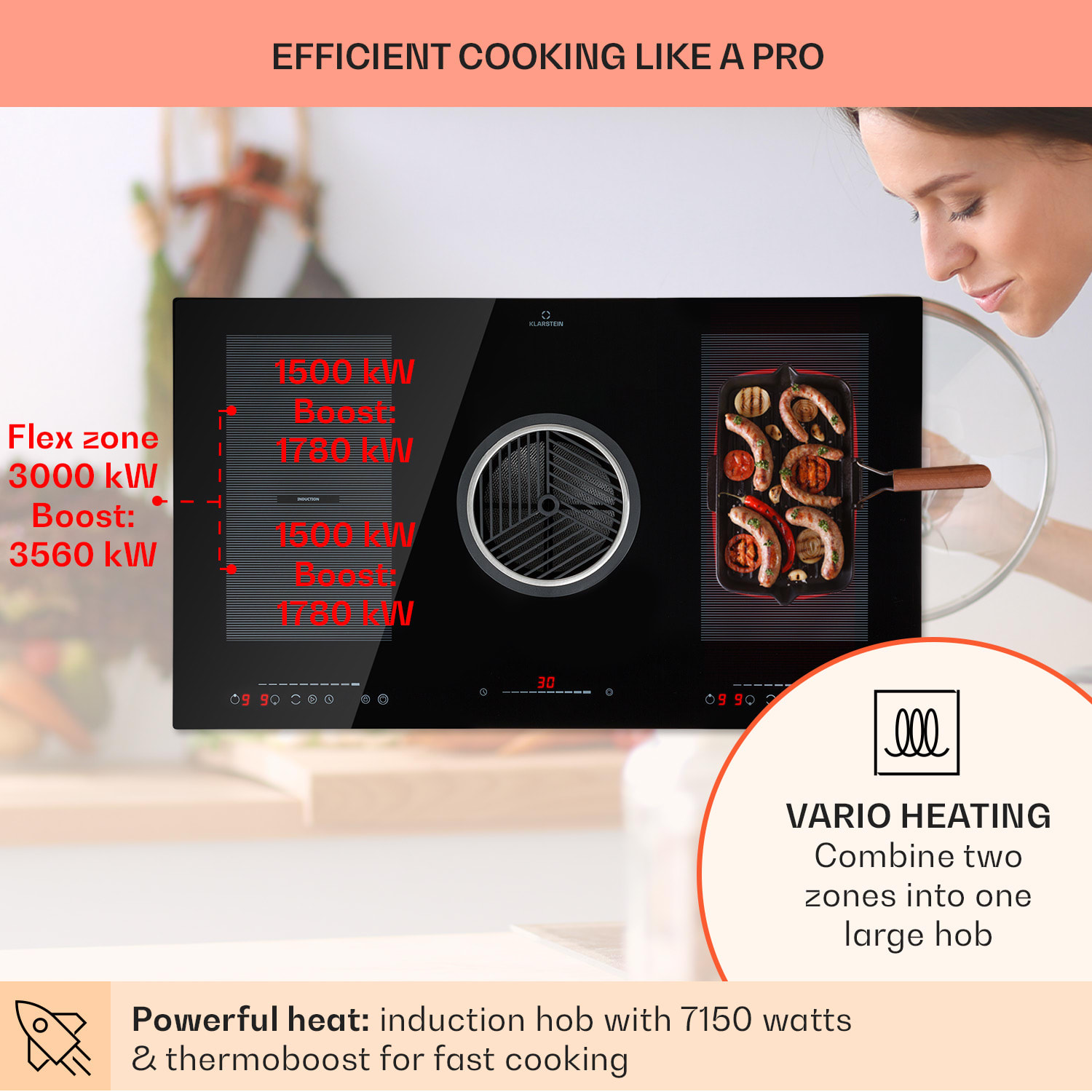 Klarstein Full House Down Air System, indukčná varná doska s odsávaním, 655 m³/h, energet. trieda A – Obrázok 4