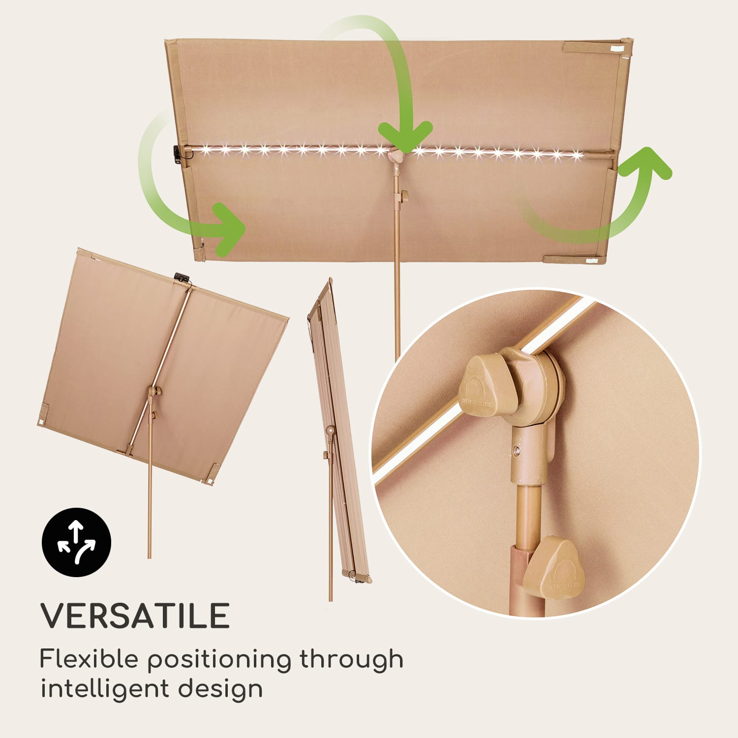 Blumfeldt Bayonne, slnečník, 130 x 180 cm, polyester, UV 50, solárny panel, LED svetlo – Obrázok 4