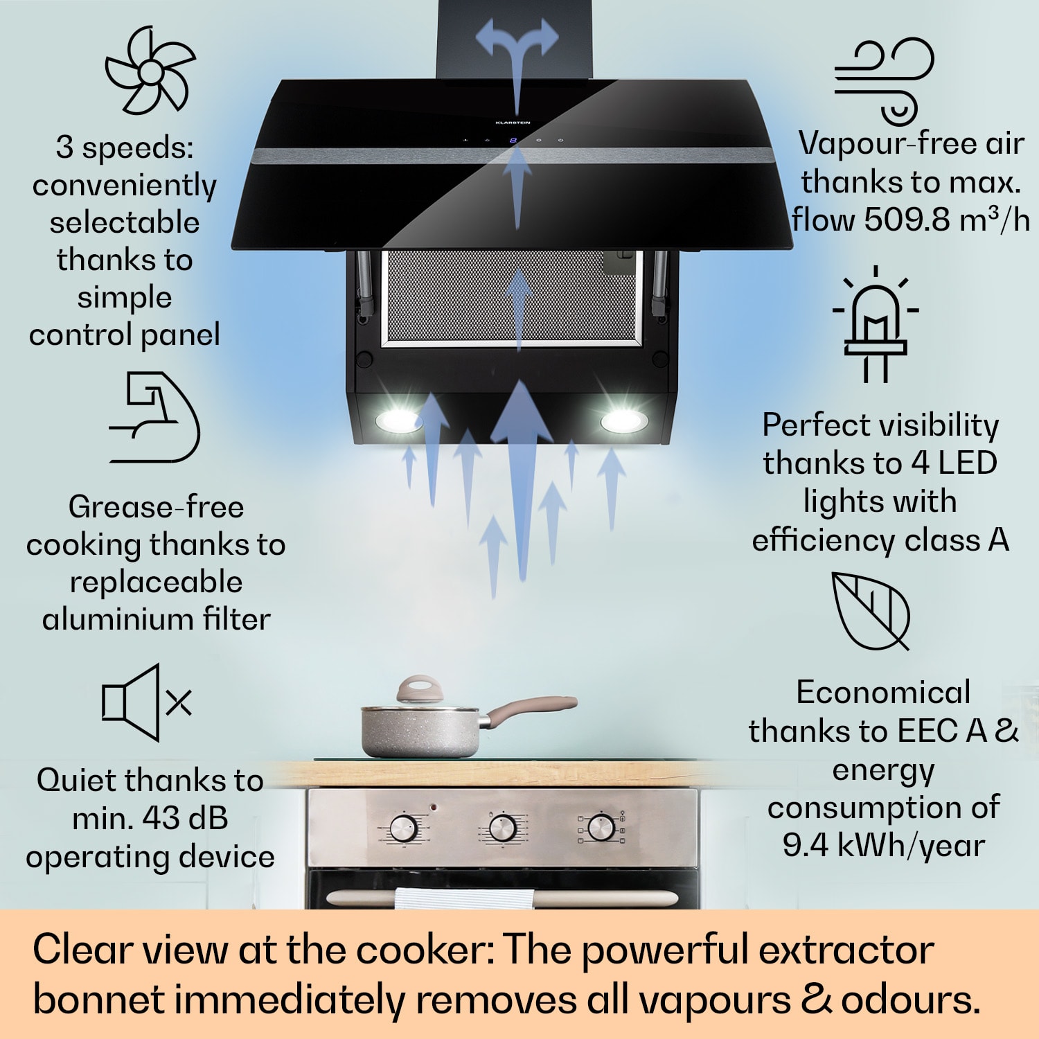 Klarstein Clara 60, digestor, 509 m³/h, dotykový displej, ambientné podsvietenie – Obrázok 2
