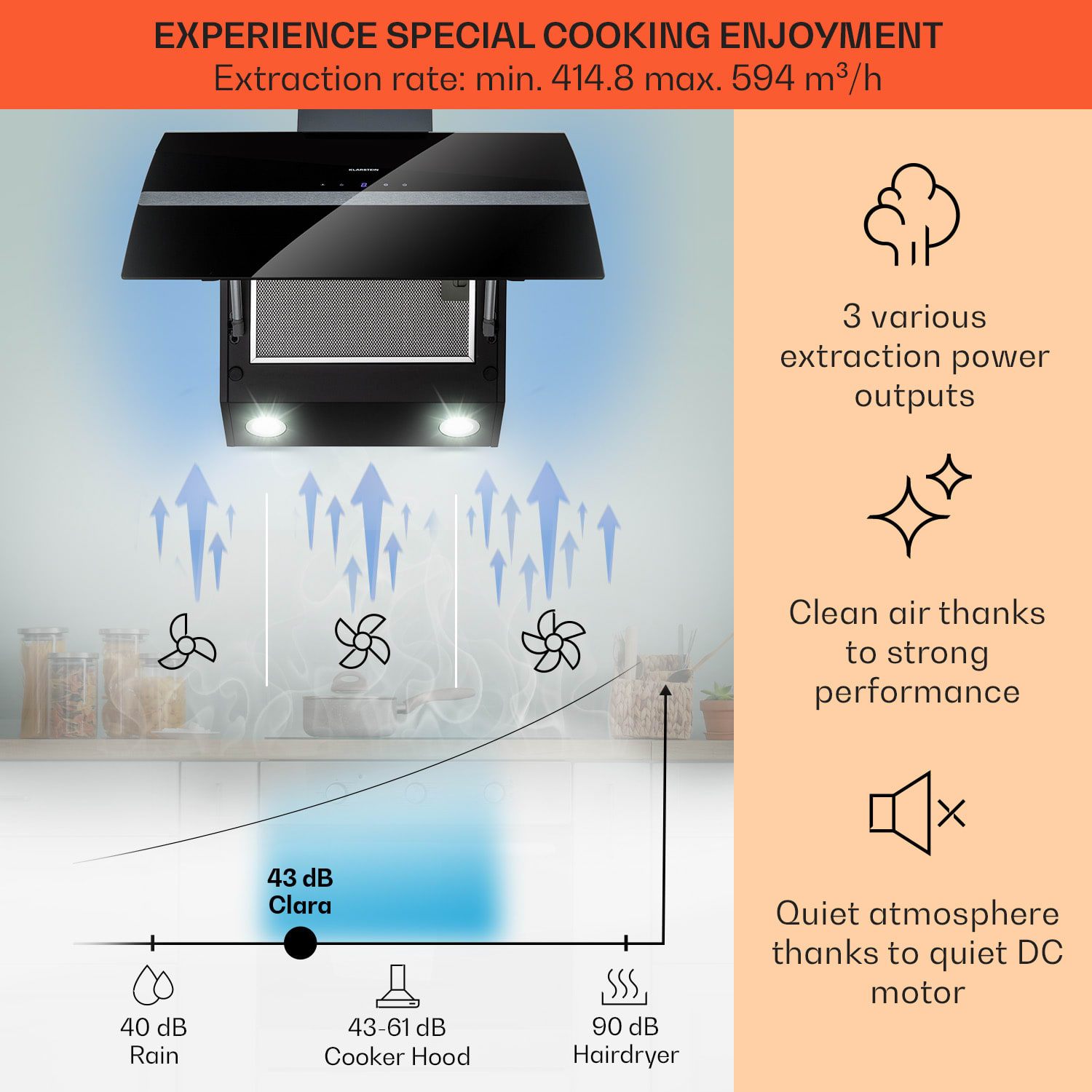 Klarstein Clara 60, digestor, 509 m³/h, dotykový displej, ambientné podsvietenie – Obrázok 3