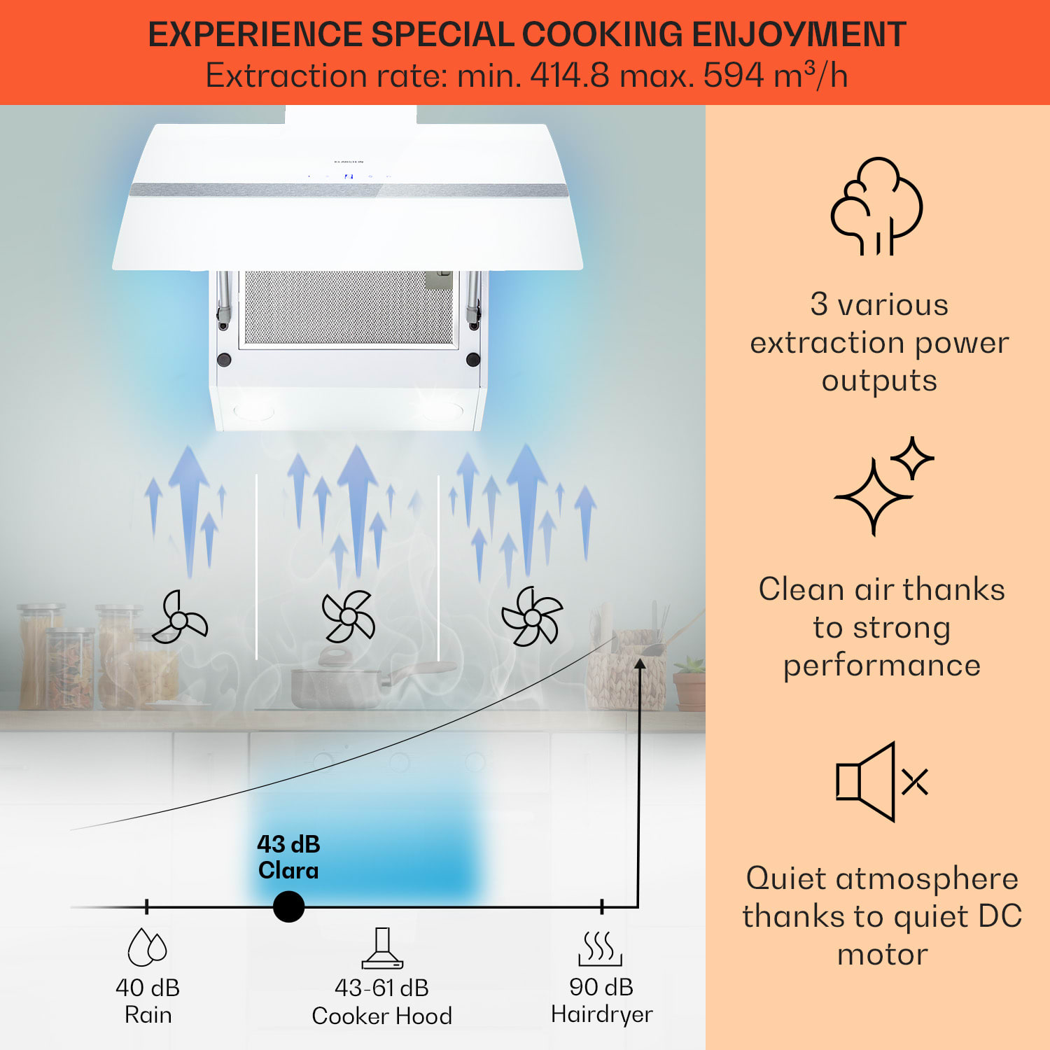 Klarstein Clara 60, digestor, 509 m³/h, dotykový displej, ambientné podsvietenie – Obrázok 3