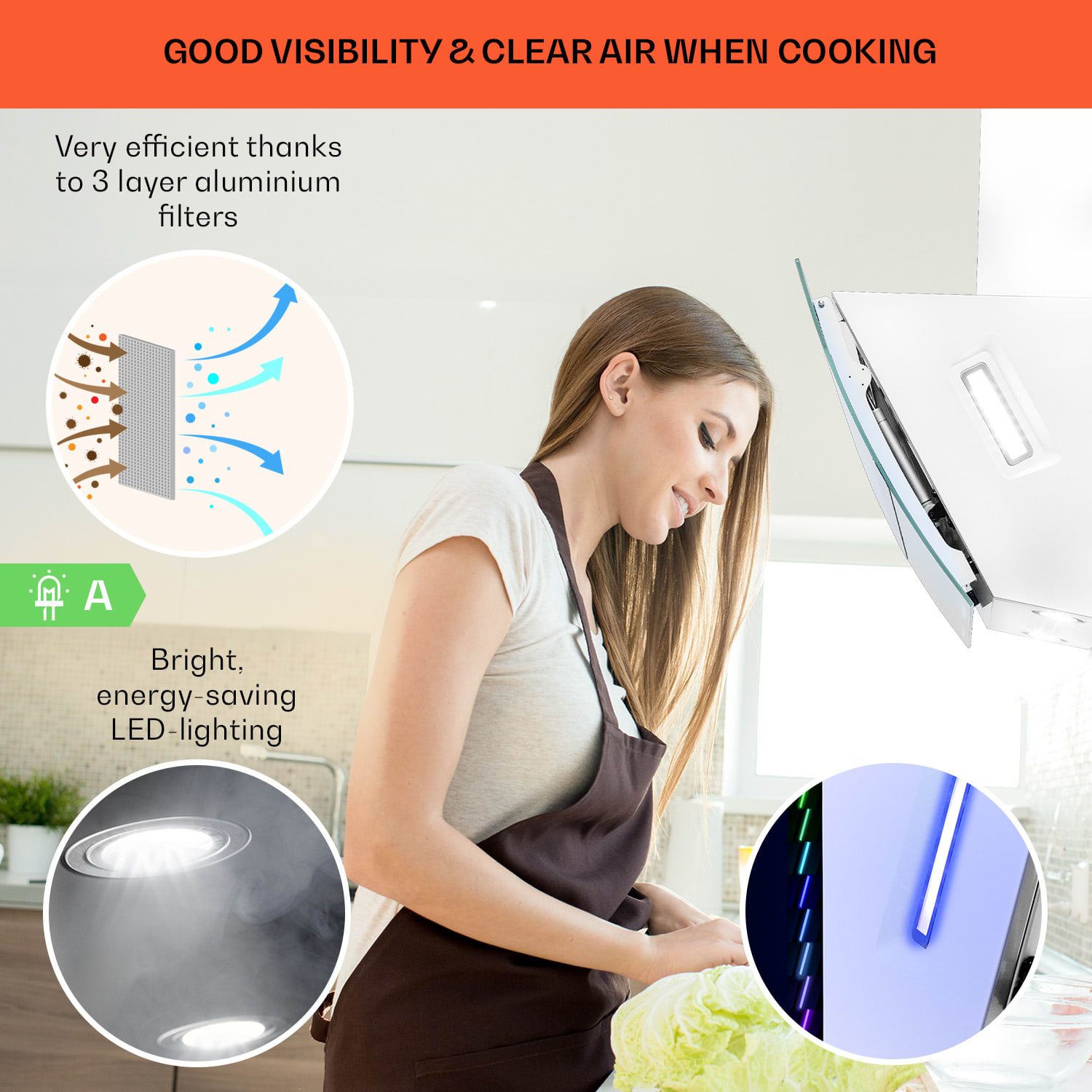 Klarstein Clara 60, digestor, 509 m³/h, dotykový displej, ambientné podsvietenie – Obrázok 4