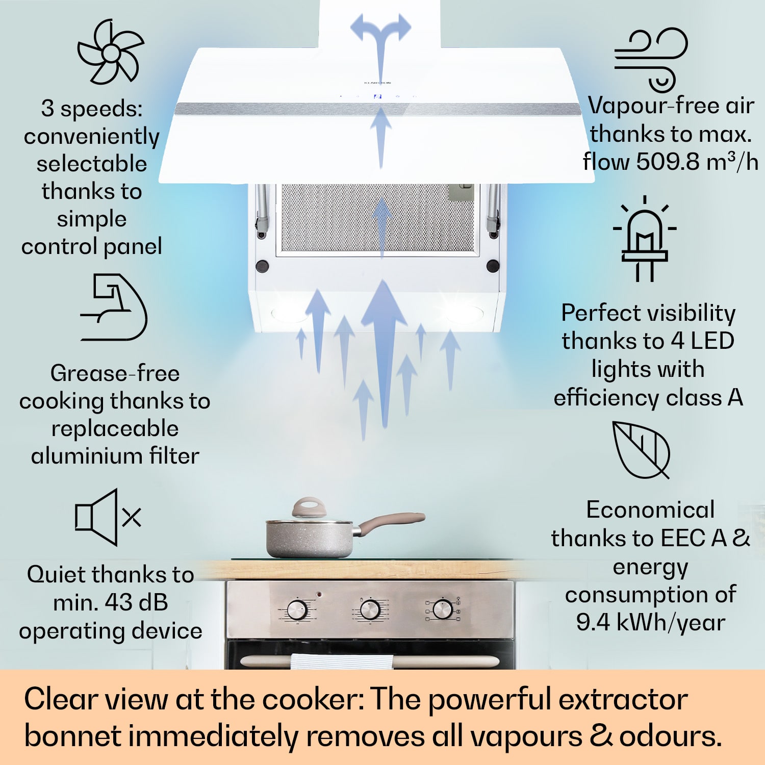 Klarstein Clara 90, digestor, 509 m³/h, dotykový displej, ambientné podsvietenie – Obrázok 2
