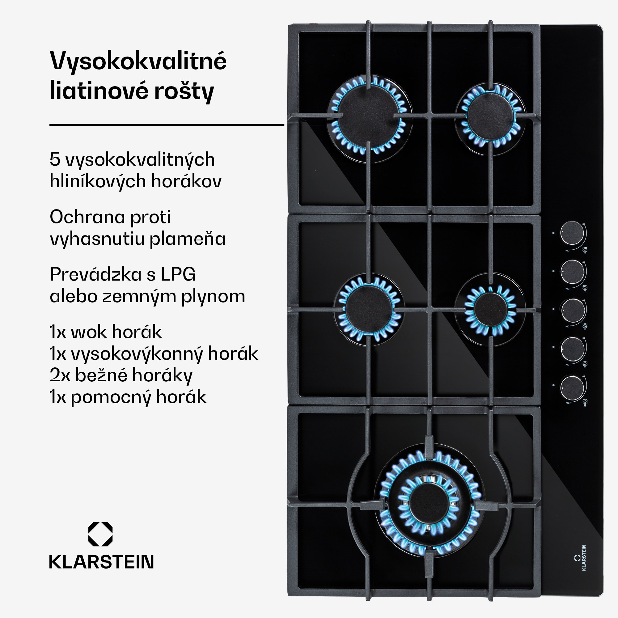 Klarstein Ignito Chef Edition, plynová varná doska, 5 Sabaf horákov, 5 zón, sklokeramika – Obrázok 3
