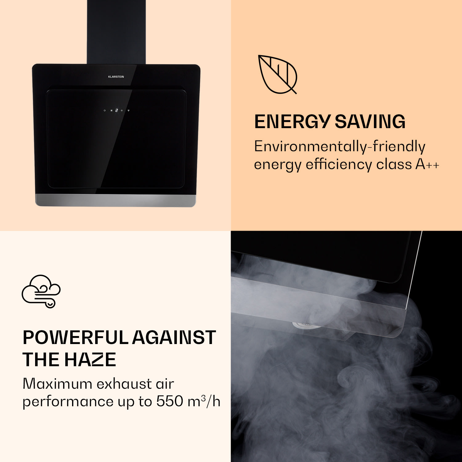Klarstein Aurora 60 Smart, digestor, 60 cm, komínový, 550 m³/h, LED podsvietenie, A++, biely – Obrázok 4